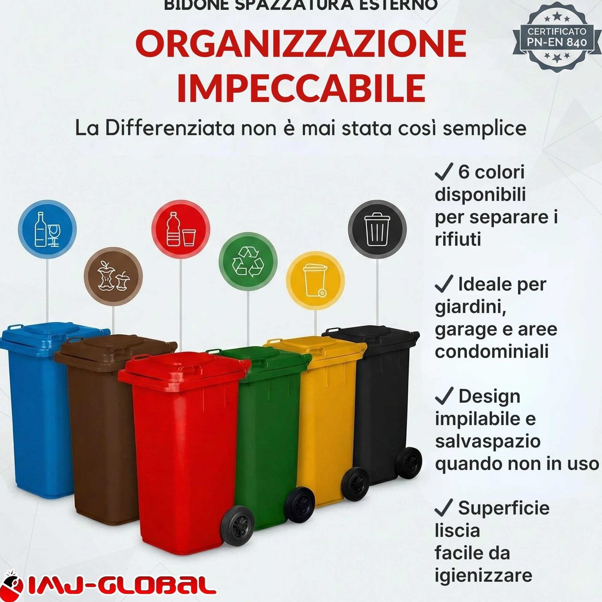 IMJ-Global - Bidone Spazzatura Esterno 120 Litri PN-EN 840, Secchio Spazzatura Bidoni Differenziata da Esterno con Ruote e Sistema di Aggancio per Prelievo Meccanico Contenitore Immondizia in Plastica