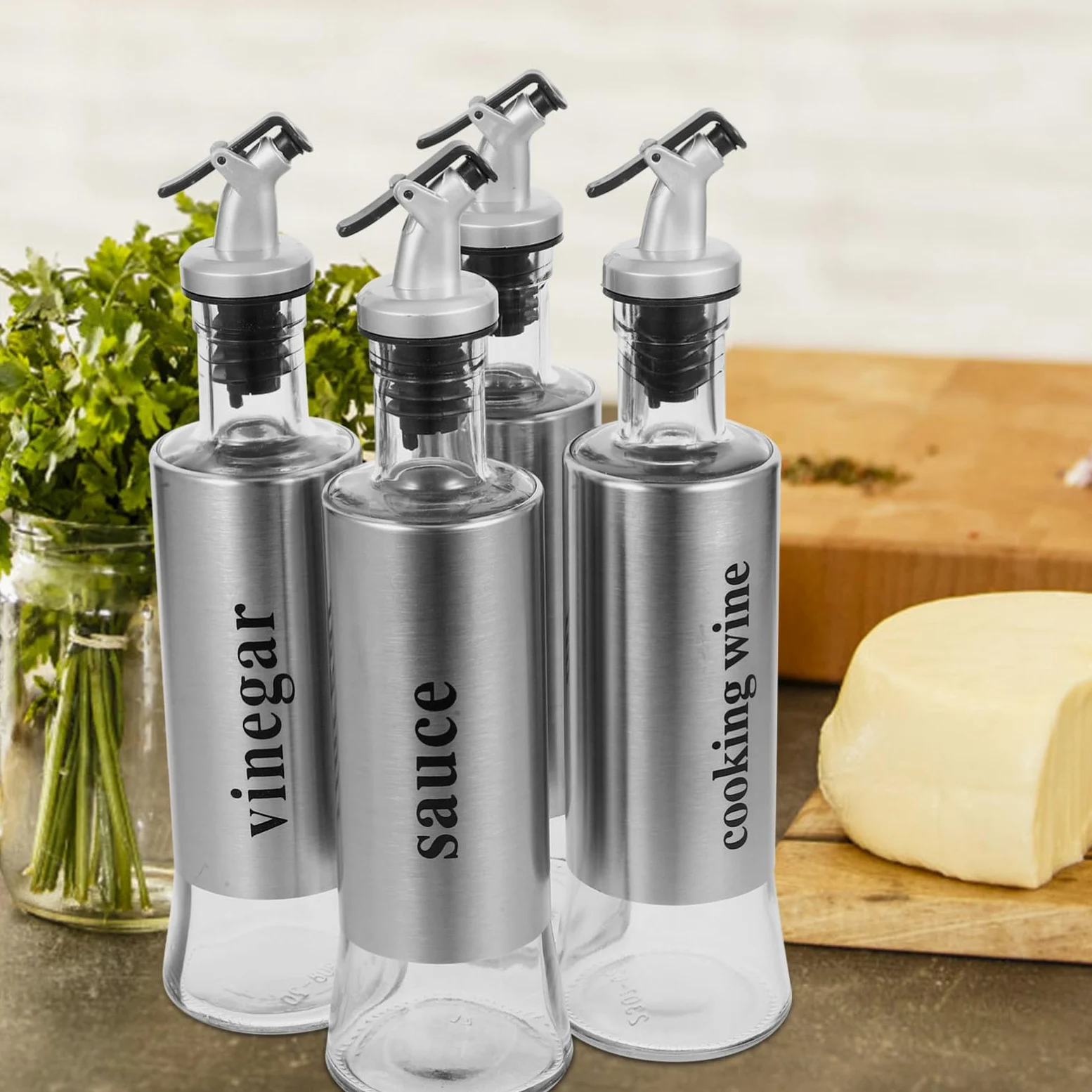 Set Design Antigoccia Oliera Dosatore in Vetro e Acciaio Inossidabile 4 Pezzi 300ml per Olio e Aceto per Cucine Domestiche ed Eleganti
