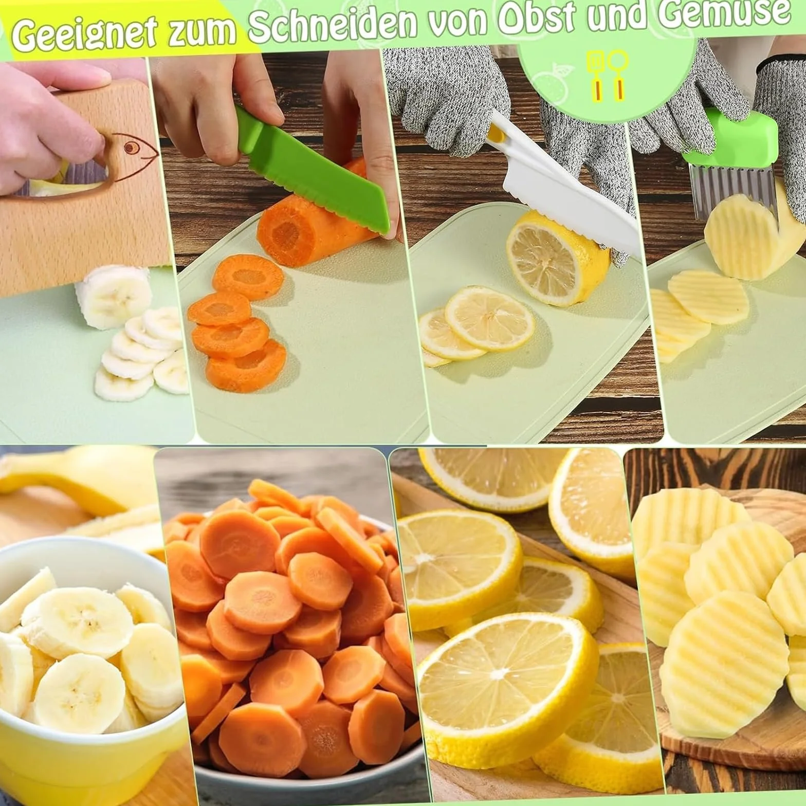 Set di 8 coltelli da cucina per bambini, per tagliare e cucinare, frutta o verdura, incluso coltello in legno, tagliere e pelapatate, pesce