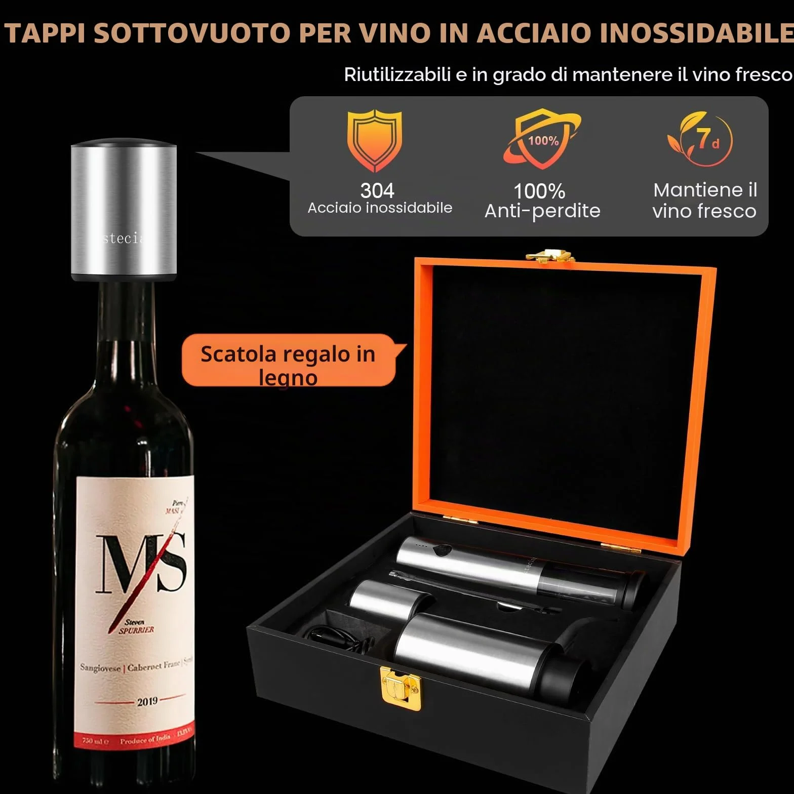 Cavatappi Professionale Elettrico per Vino, Apribottiglie 4 in 1 Ricaricabile con Versatore Automatico, Taglierina per Lamine, Tappi Sottovuoto