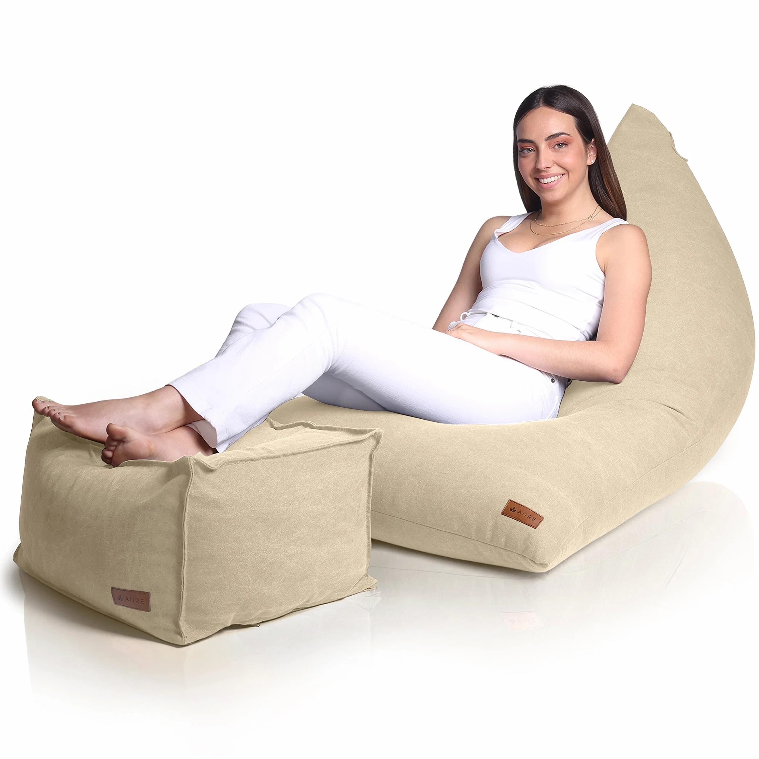 Aiire Pouf Poltrona Sacco Design - Puffo per Sedersi con Poggiapiedi per la Camera da Letto Moderna - Pouffe Salotto XXL con Sgabello Basso - Bean Bag Chair con Poggia Piedi - Puf Beige