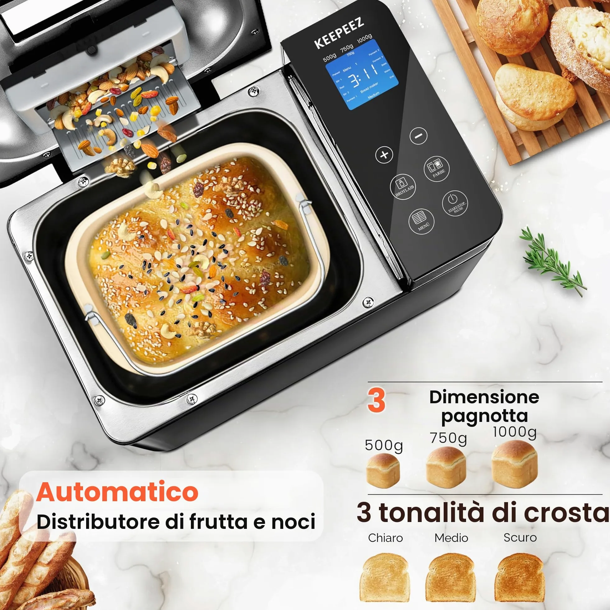 Macchina per il pane di alta qualità in acciaio inox con stampo sano in ceramica, touch screen intelligente e doppi sensori di temperatura, 17 programmi automatici, distributore automatico di