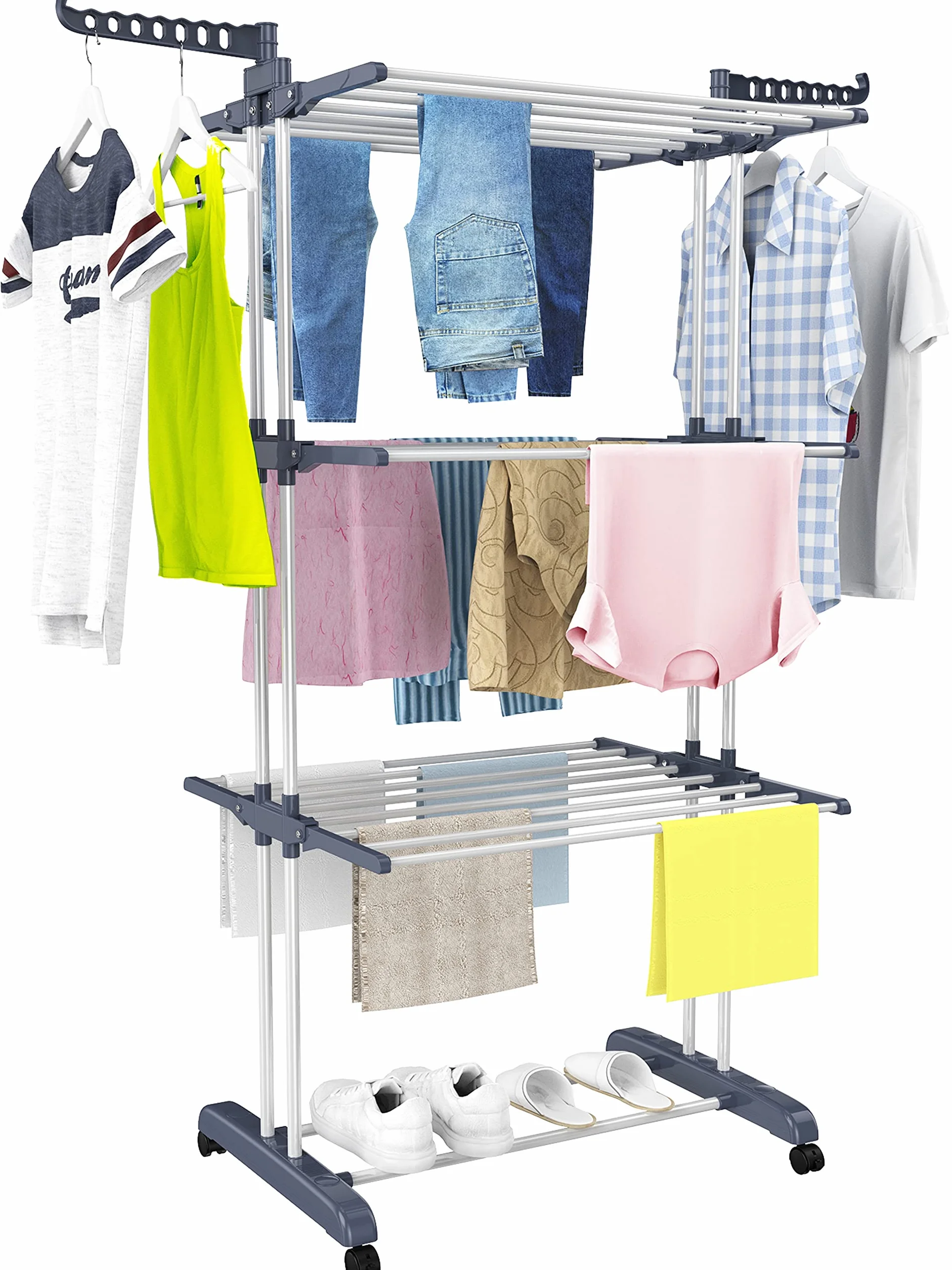 HOMIDEC Stendino 4 Livelli Verticale Allungabile con Ruote Acciaio Inossidabile Grigio