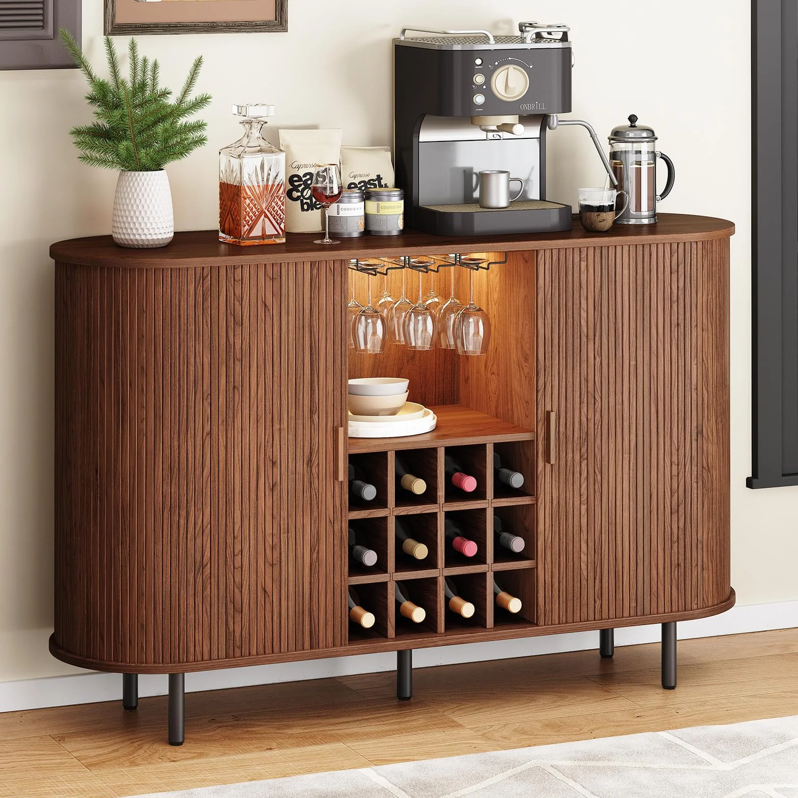 ONBRILL Armadietto da bar con luce a LED, moderna stazione per liquori, whisky, caffè, con portabottiglie e supporto per bicchieri, credenza da buffet per casa, soggiorno, cucina, ingresso (noce)