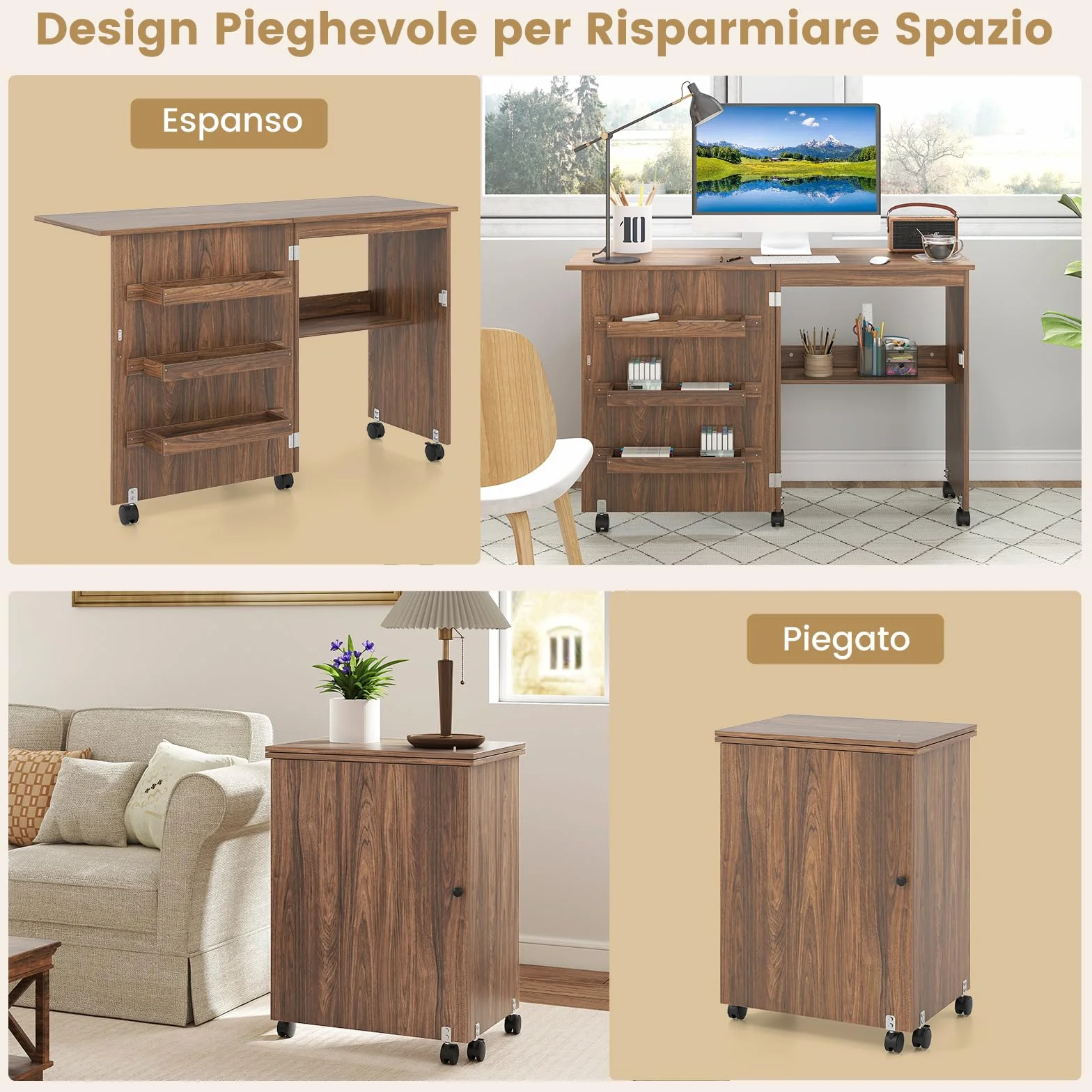 COSTWAY Mobile per Macchina da Cucire Pieghevole, Tavolo da Cucito con Ruote Bloccabili e Ripiani Portaoggetti, Tavolo per Macchina da Cucire Multiuso da Studio e Salotto (Marrone Scuro)