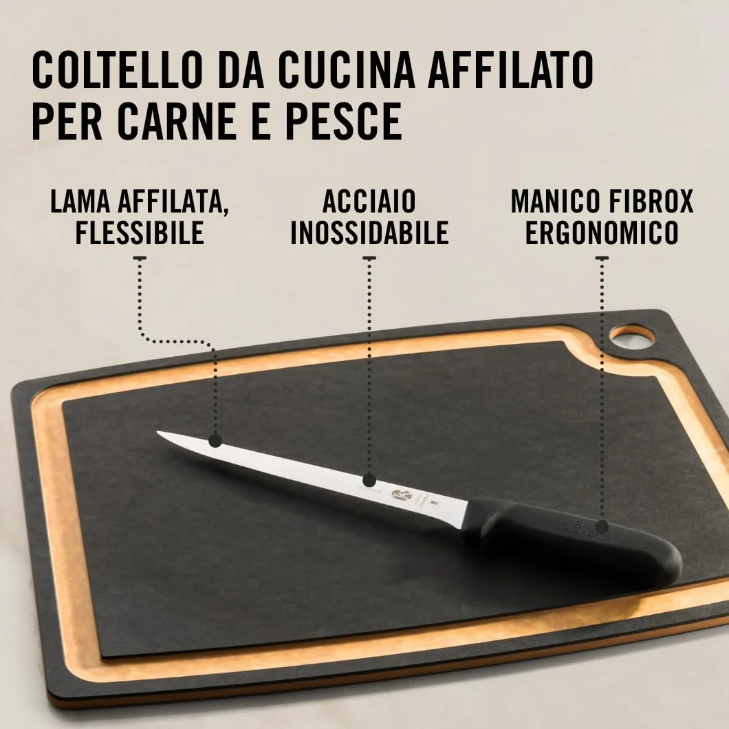 Victorinox Fibrox, Coltello per sfilettare, Coltello da Cucina Affilato per Carne e Pesce, 20 cm, Lama Dritta, Flessibile, Acciaio Inossidabile, Nero