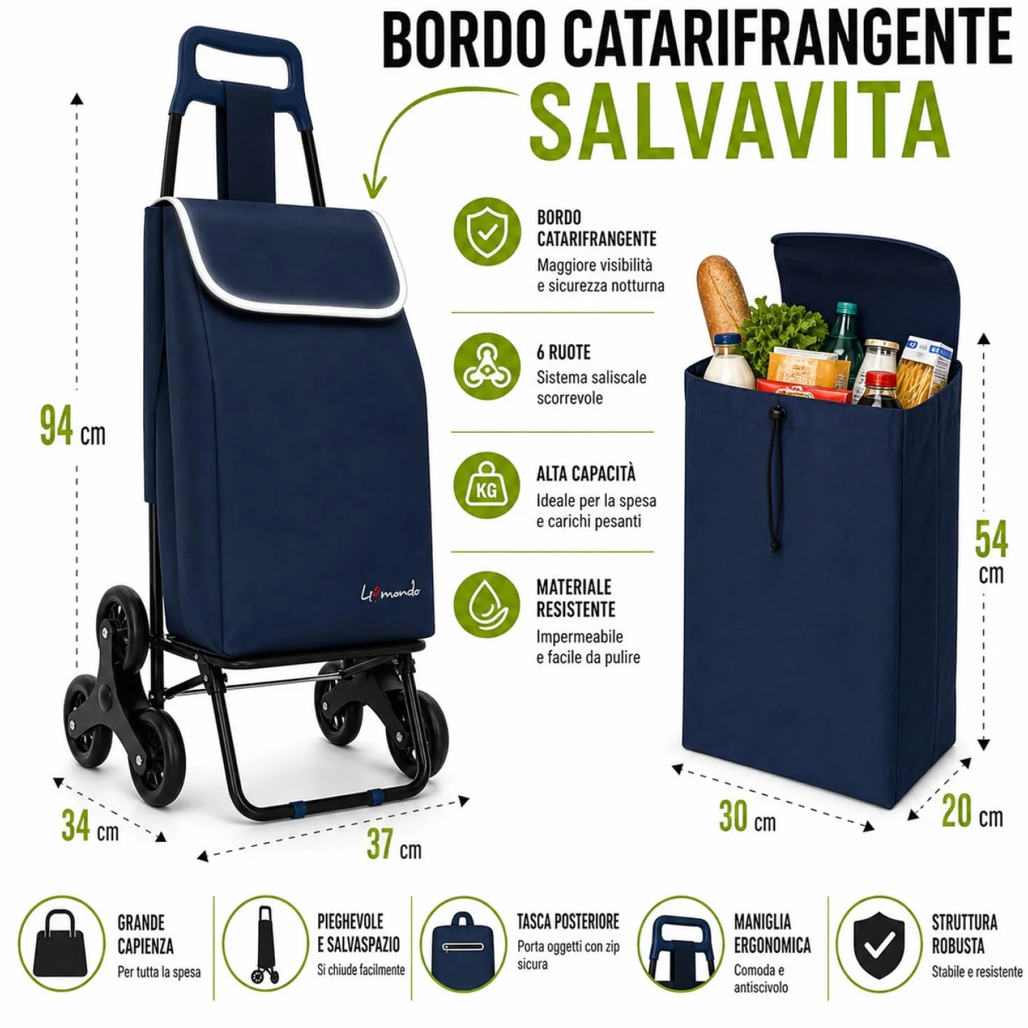 Leonardo Trolley per la Spesa con Tre Ruote Girevoli Saliscale, Portaspesa con Borsa Rimovibile