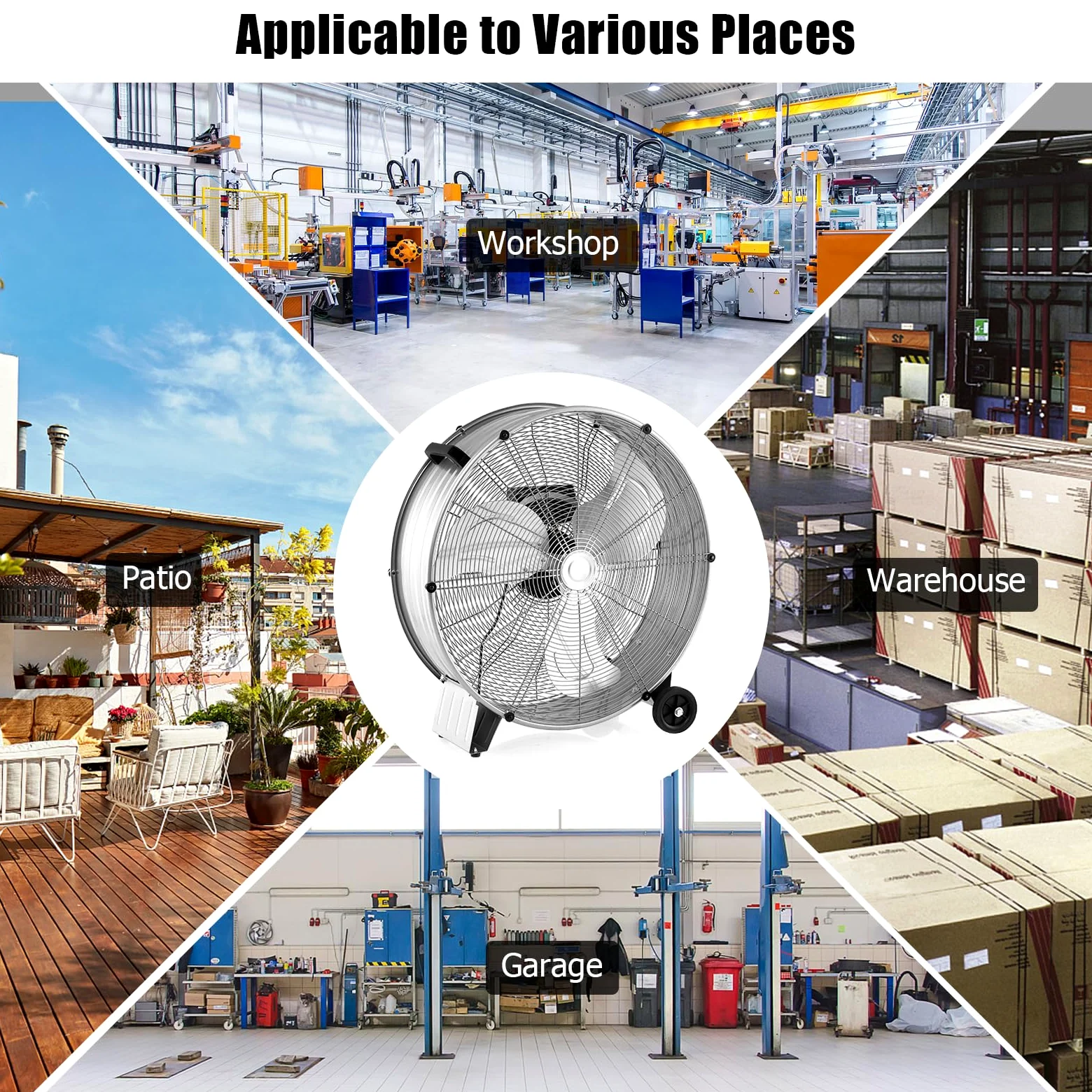 SOARS Ventilatori da Pavimento, 3 Velocità di Vento Regolabili, Ventilatore Industriale in Metallo, 2 Ruote in Gomma, per Magazzino, Officina, Cantina, Ufficio, Ø60 CM (Argento)
