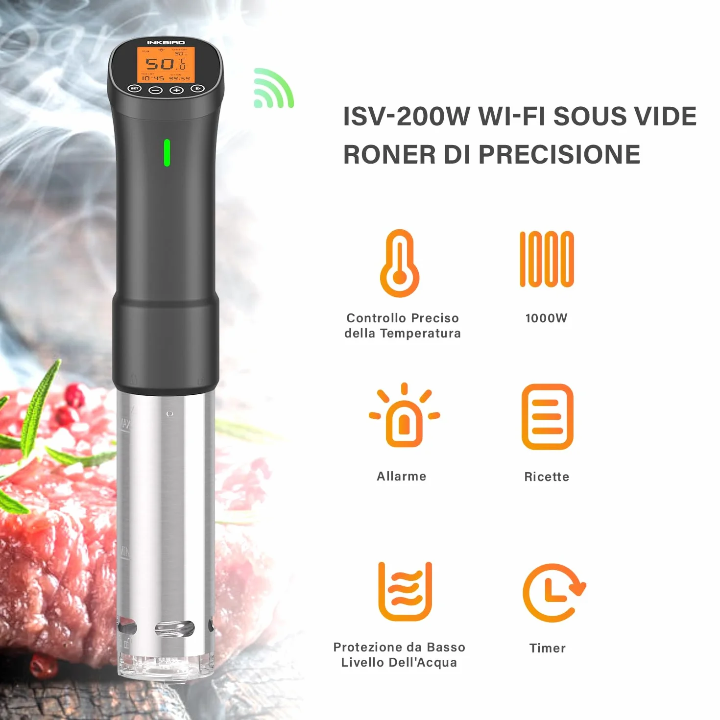 INKBIRD WiFi Sous Vide Roner 1000W Professionale 0°C~90°C Cottura Bassa Temperatura con Ricette APP ISV-200W
