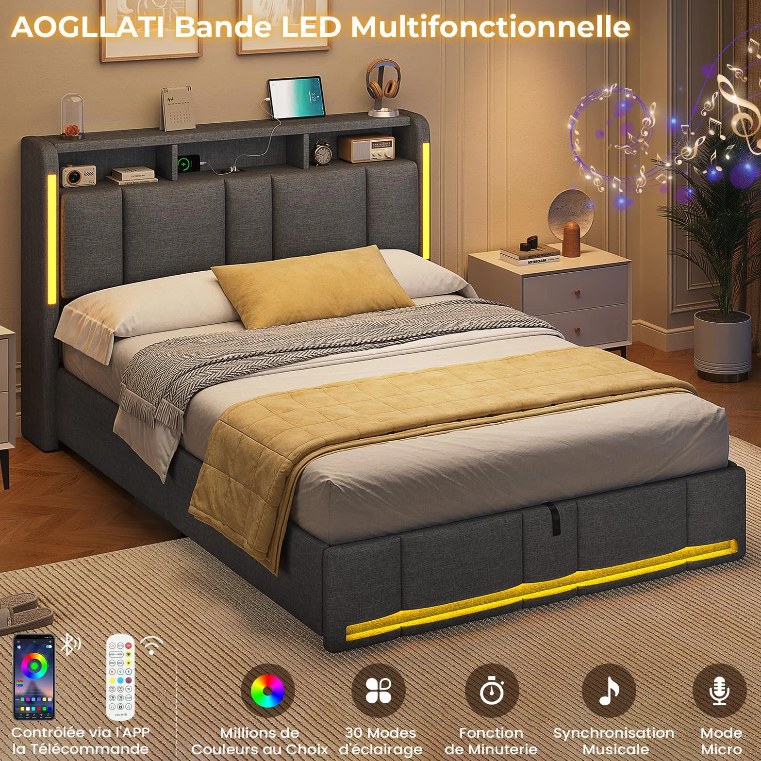 AOGLLATI Letto 140x190 cm con Sollevamento Idraulico, Letto Contenitore Matrimoniale con Illuminazione a LED e Stazione di Ricarica, Struttura Letto Matrimoniale con Testiera Imbottita, Grigio Scuro