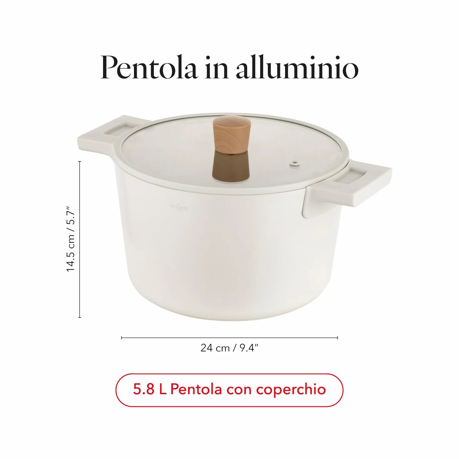 FLORINA Casseruola in alluminio Nube | 24 cm | 5,8 l | Adatta all'induzione | Rivestimento ceramico antigraffio | Manico soft-touch con effetto legno | Coperchio in vetro resistente al calore