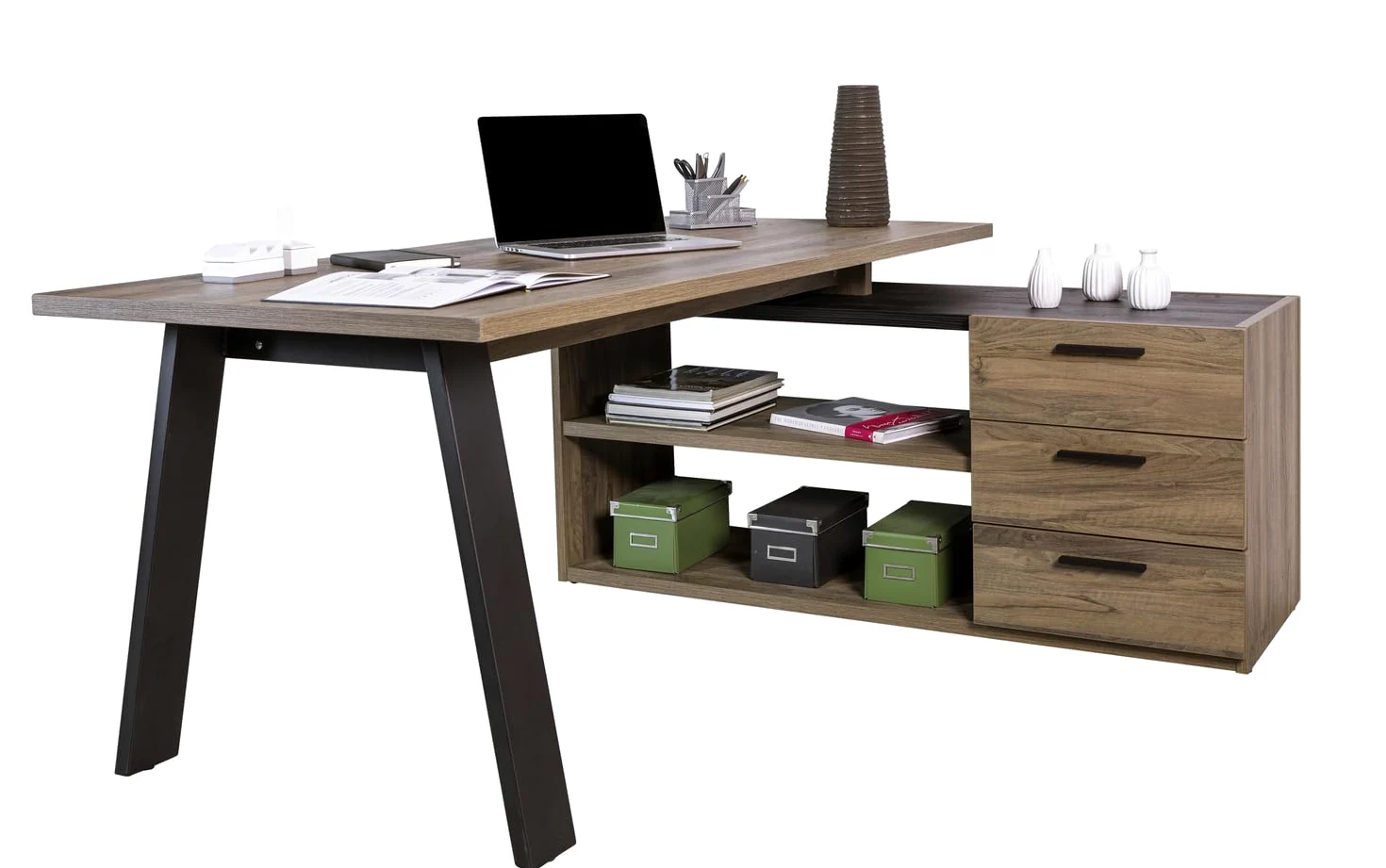 Composad | Ufficio Completo della Linea DAVINCI BRERA, Set di 8 Mobili, Libreria, Vetrina, Cassettiera, Scrivania Angolare, Mobili Ufficio, Colore Noce Brera, Made in Italy