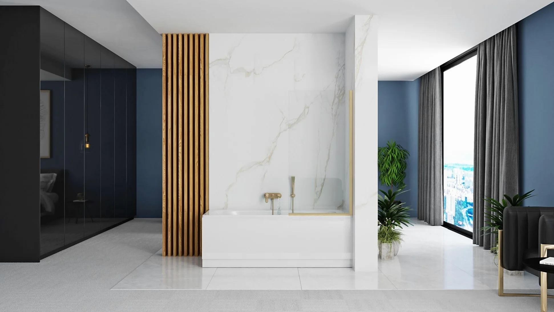 Rea - Parete Vasca Elegant Gold Brush 70 X 140 cm Sopravasca A Parete, Vetro Di Sicurezza 5 mm (Finitura Profilo: Brush Gold)