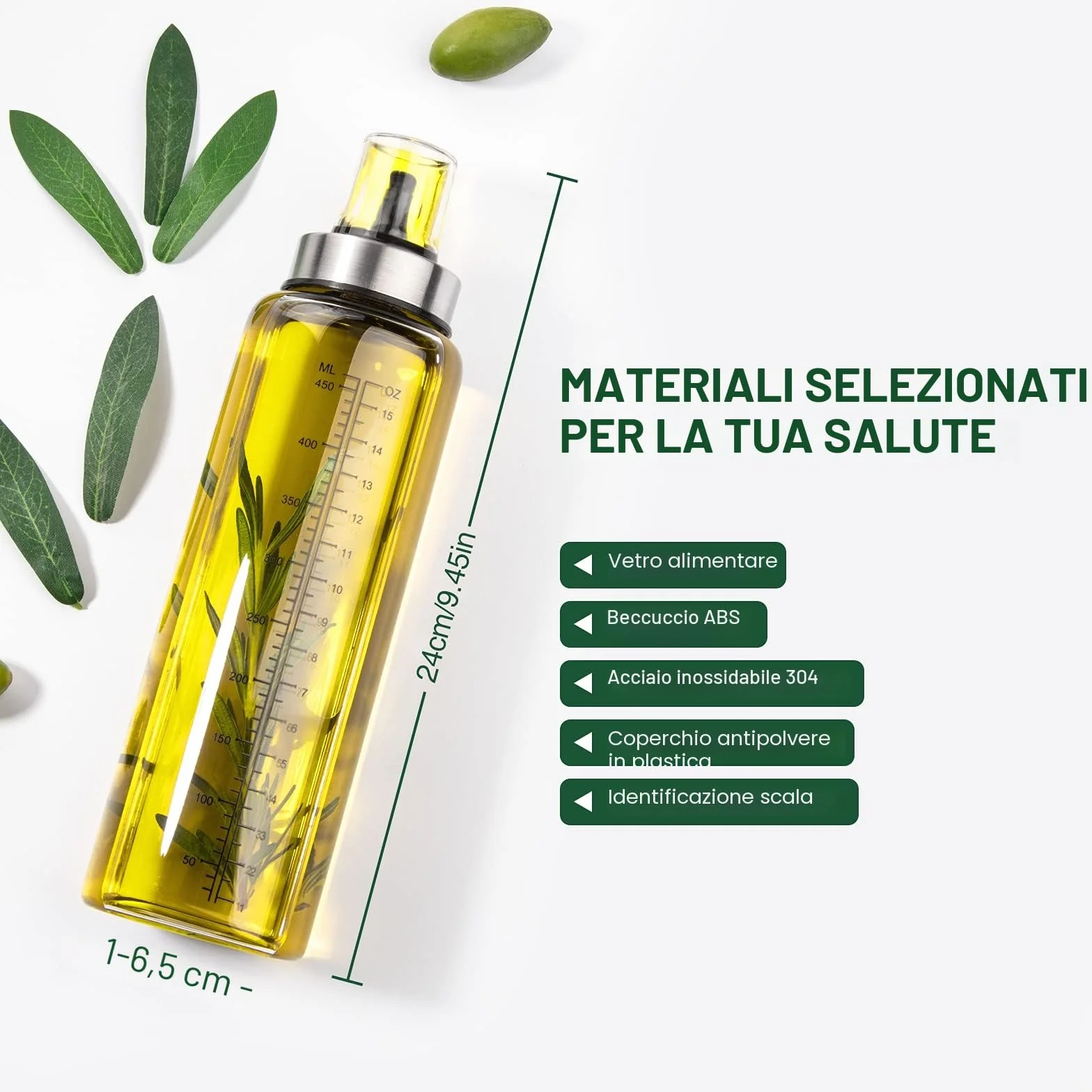 Hotder 2 bottiglie di olio da cucina con drizzler, 500 ml, in vetro, collo largo, facile da riempire e pulire, dispenser di olio a prova di perdite per olio d'oliva e aceto