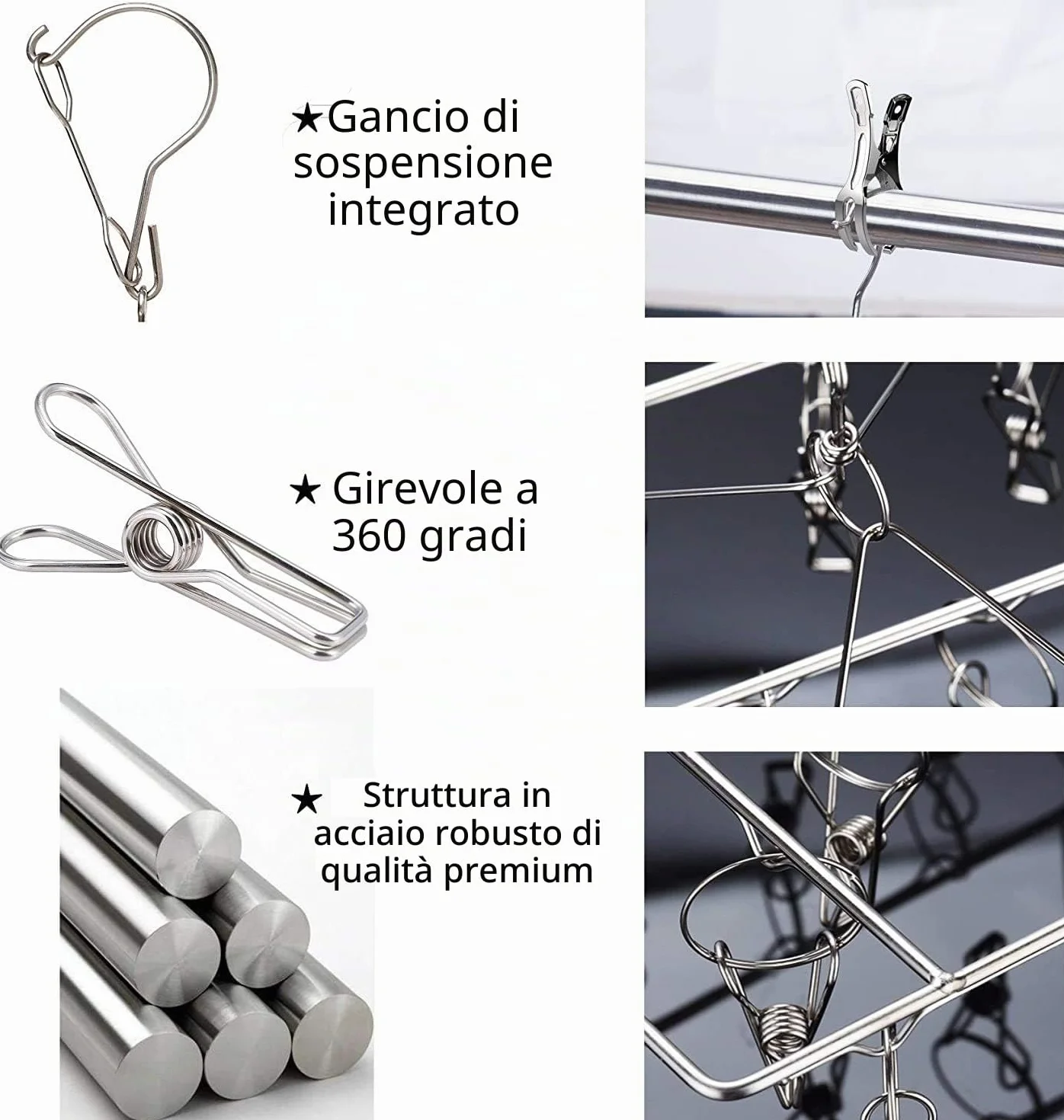 Asciugabiancheria in Acciaio Inox con 36 Pinze Antivento