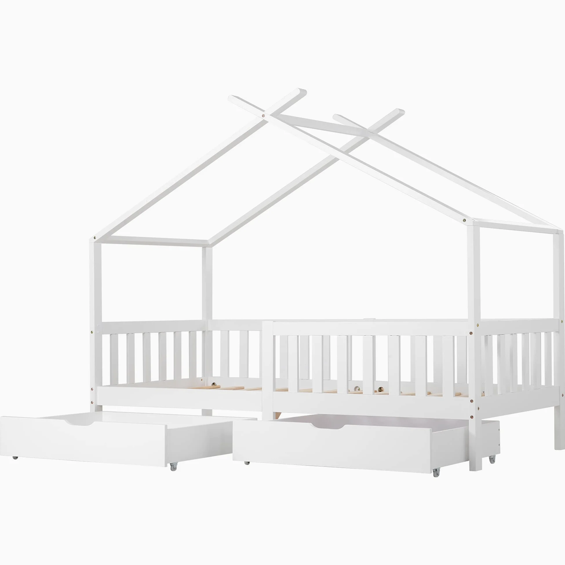 Letto Casetta per Bambini 90x200cm, Lettino Montessori con 2 Cassetti, Struttura in legno massello con Rete a Doghe, Cameretta Ragazzi, letto a Forma di Casa