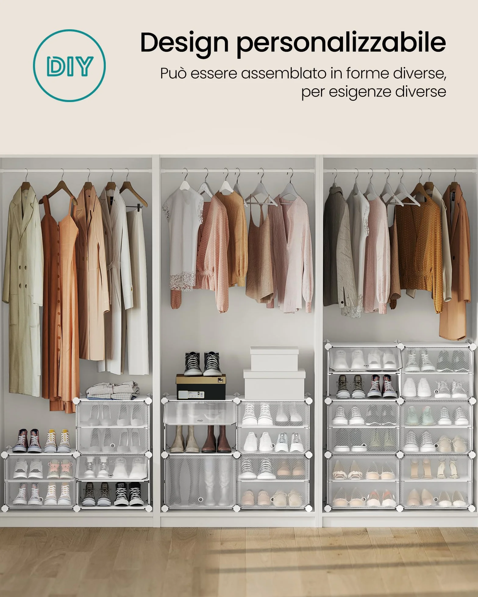 SONGMICS Scarpiera Modulare 10 Scomparti 40 Paia Scarpe con Sportelli Telaio Acciaio Bianco Trasparente LPC035W01
