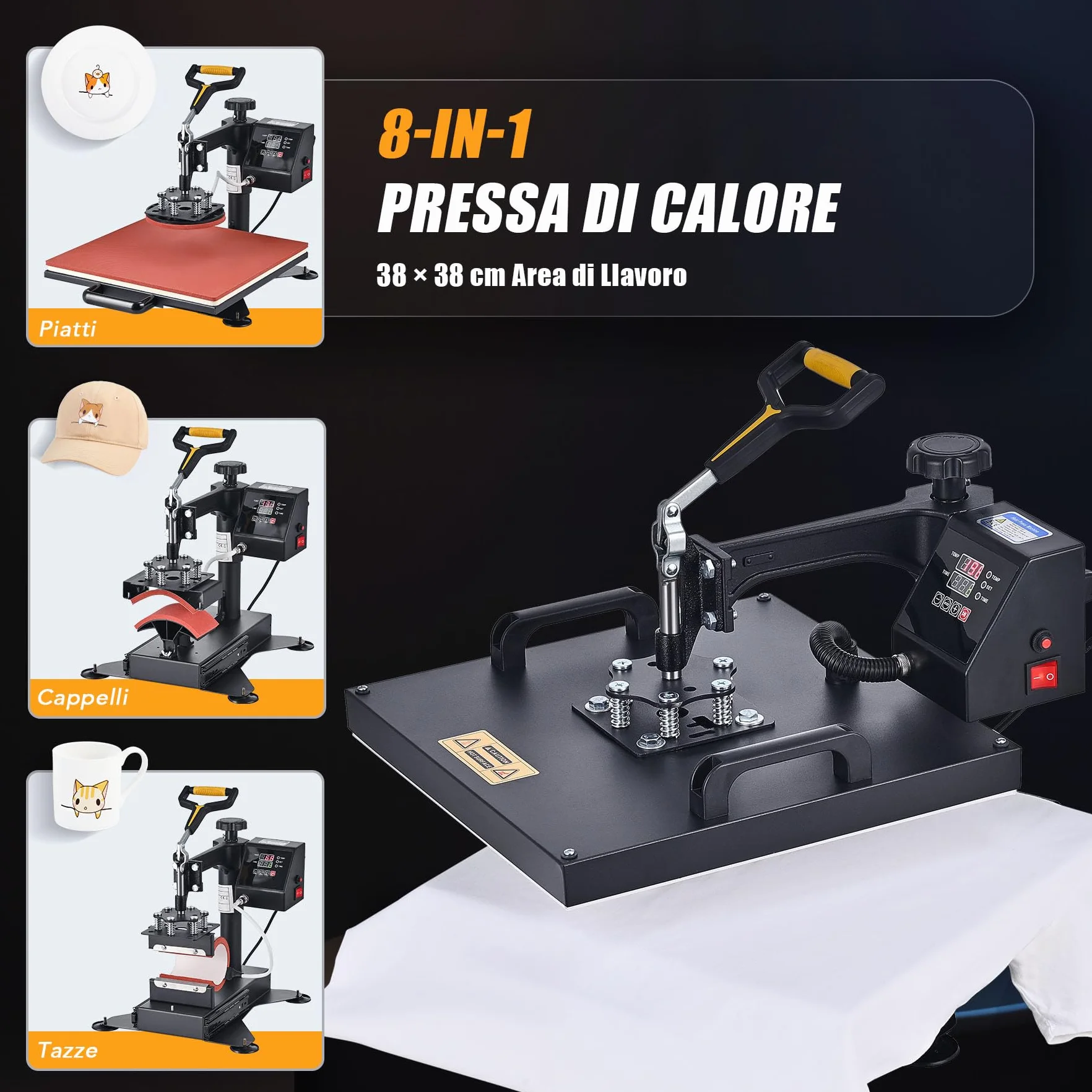 CREWORKS 8 IN1 Pressa a Caldo 38 X 38CM Pressa di Calore 1400W Termopressa Macchina per Sublimazione Digitale Rotazione a 360 Gradi Pressa a Caldo per Magliette Cappellini T-Shirt Tazze Piatti