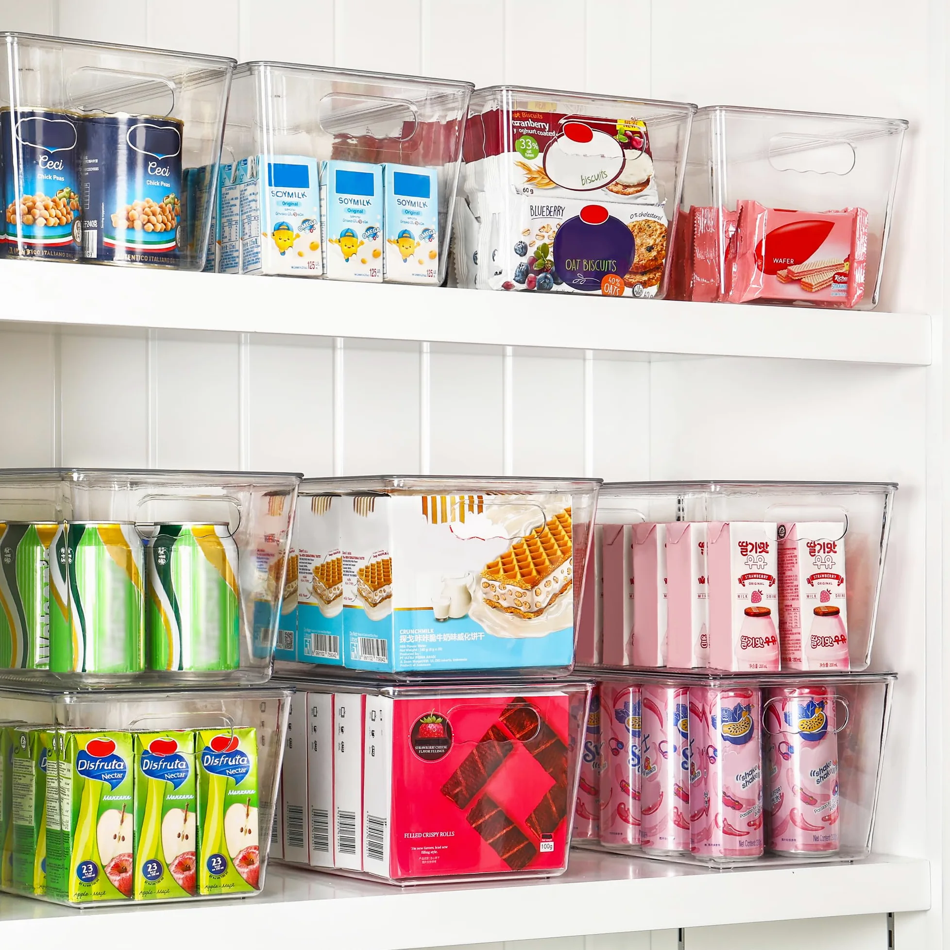 Vtopmart - 6 contenitori impilabili in plastica trasparente con coperchi, grandi contenitori in plastica con manico per organizzazione e conservazione della dispensa, perfetti per bagno, armadio
