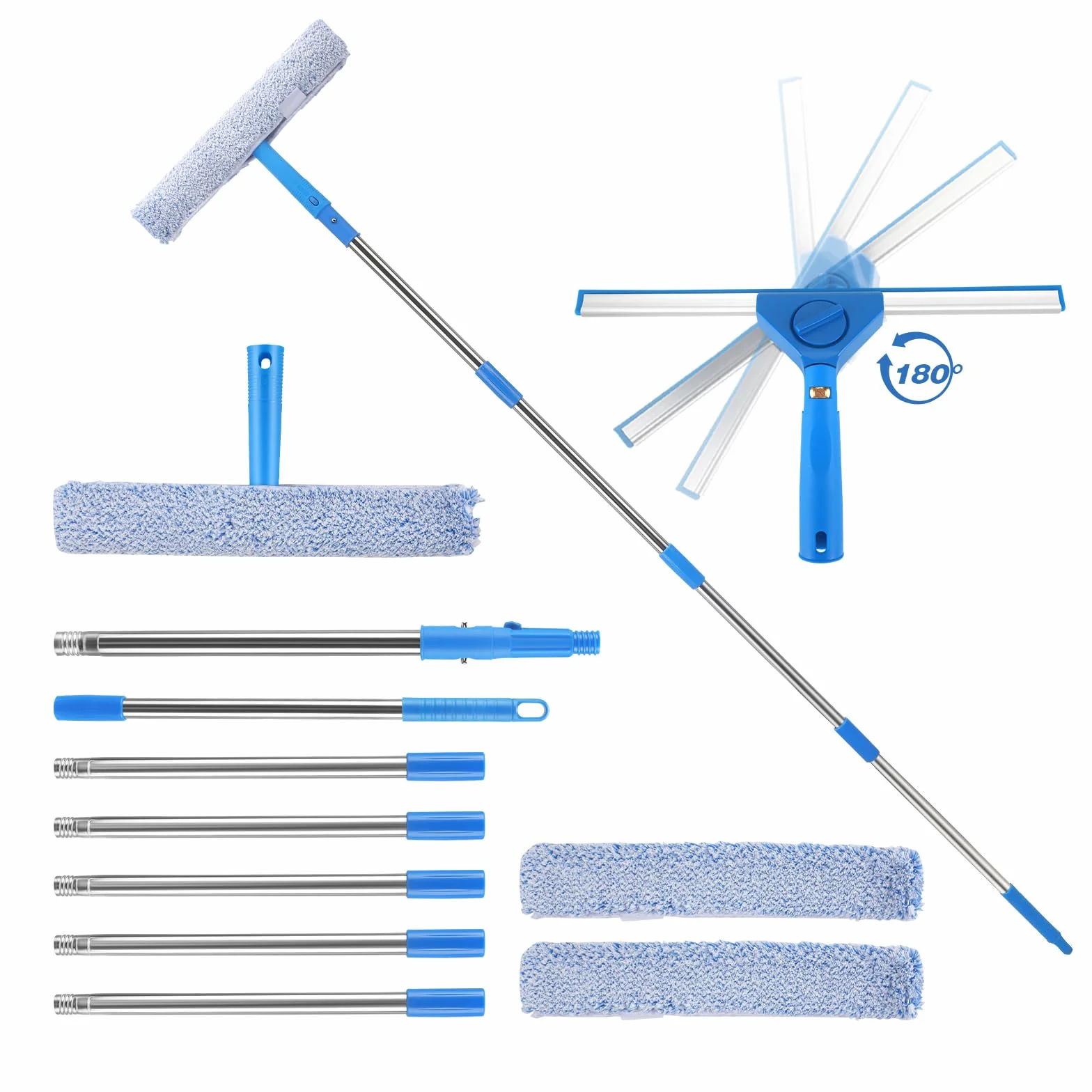 2 in 1 Pulitore per finestre Lavavetri con 300cm Manico Telescopico, Strumenti per la Pulizia dei Vetri con Tergivetro in Silicone e panno in microfibra di ricambio per Finestre Interni ed Esterni