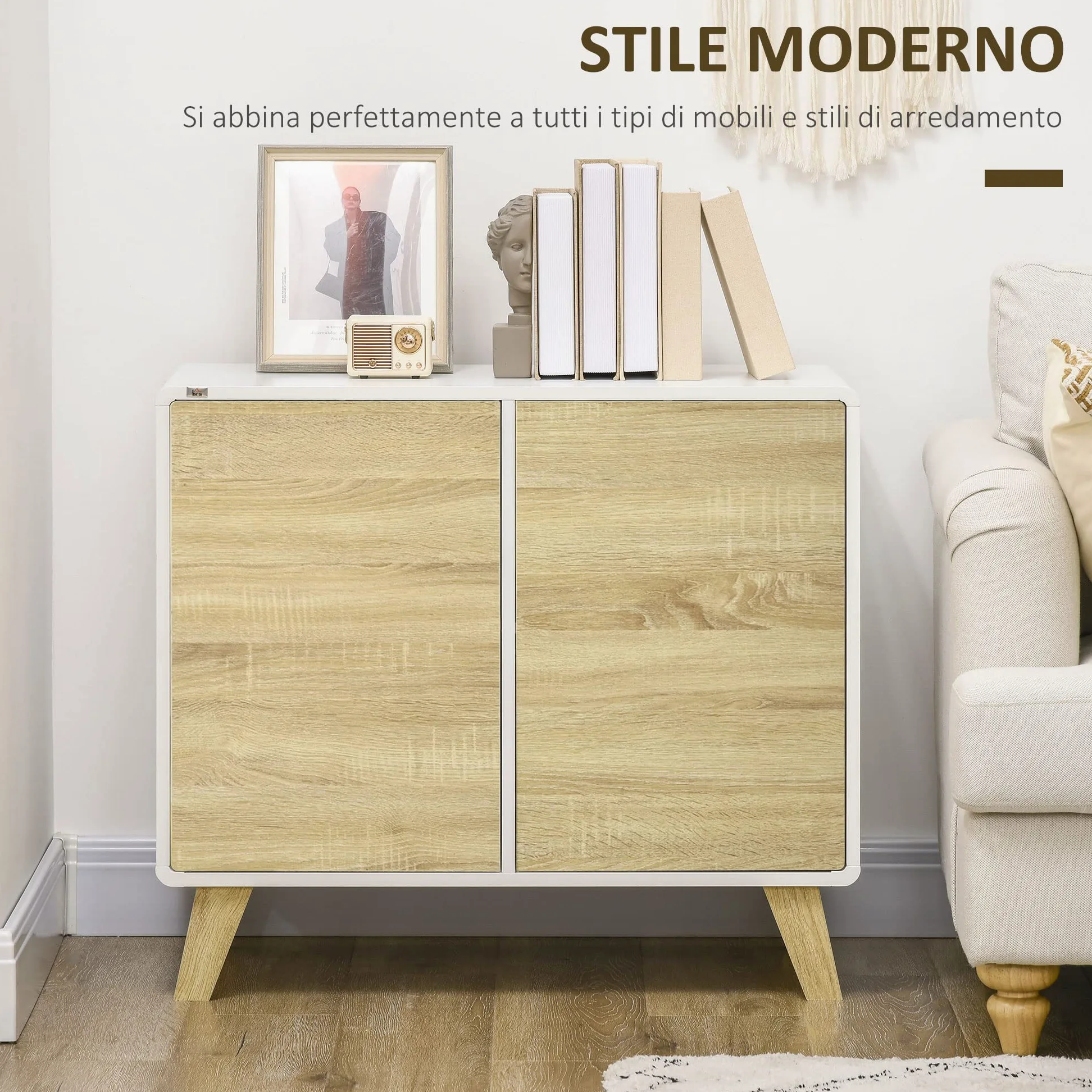 HOMCOM Mobile Multiuso con 2 Ante, Mobile Multiuso con Ante a Pressione e Mensole Regolabili, Mobiletto Salotto e Camera in Legno, 80x40x70cm, Bianco e Quercia