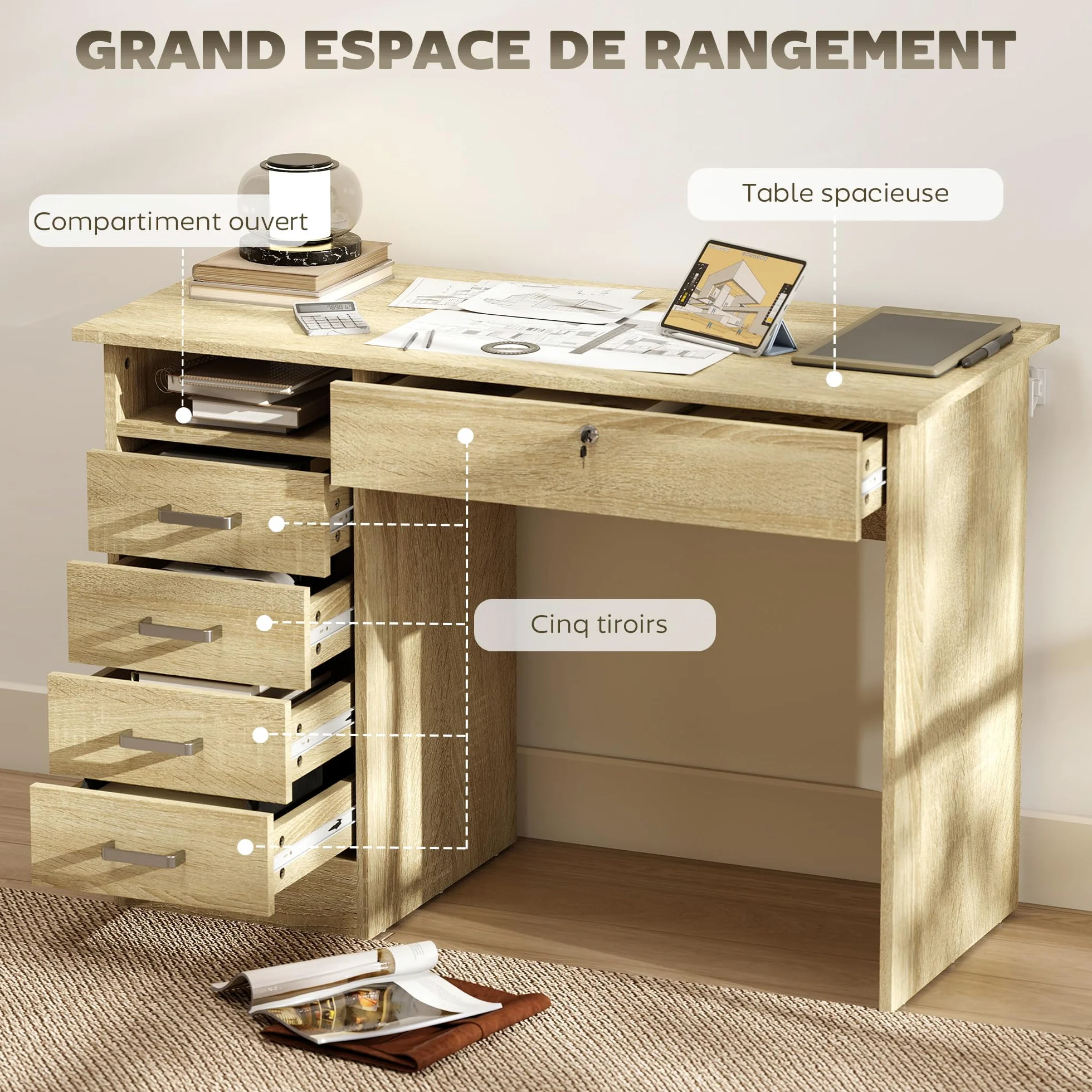 HOMCOM Tavolo per computer moderno con 5 cassetti, ampio piano, 1 scomparto aperto, cassetto con serratura, 110 x 50 x 76 cm, rovere