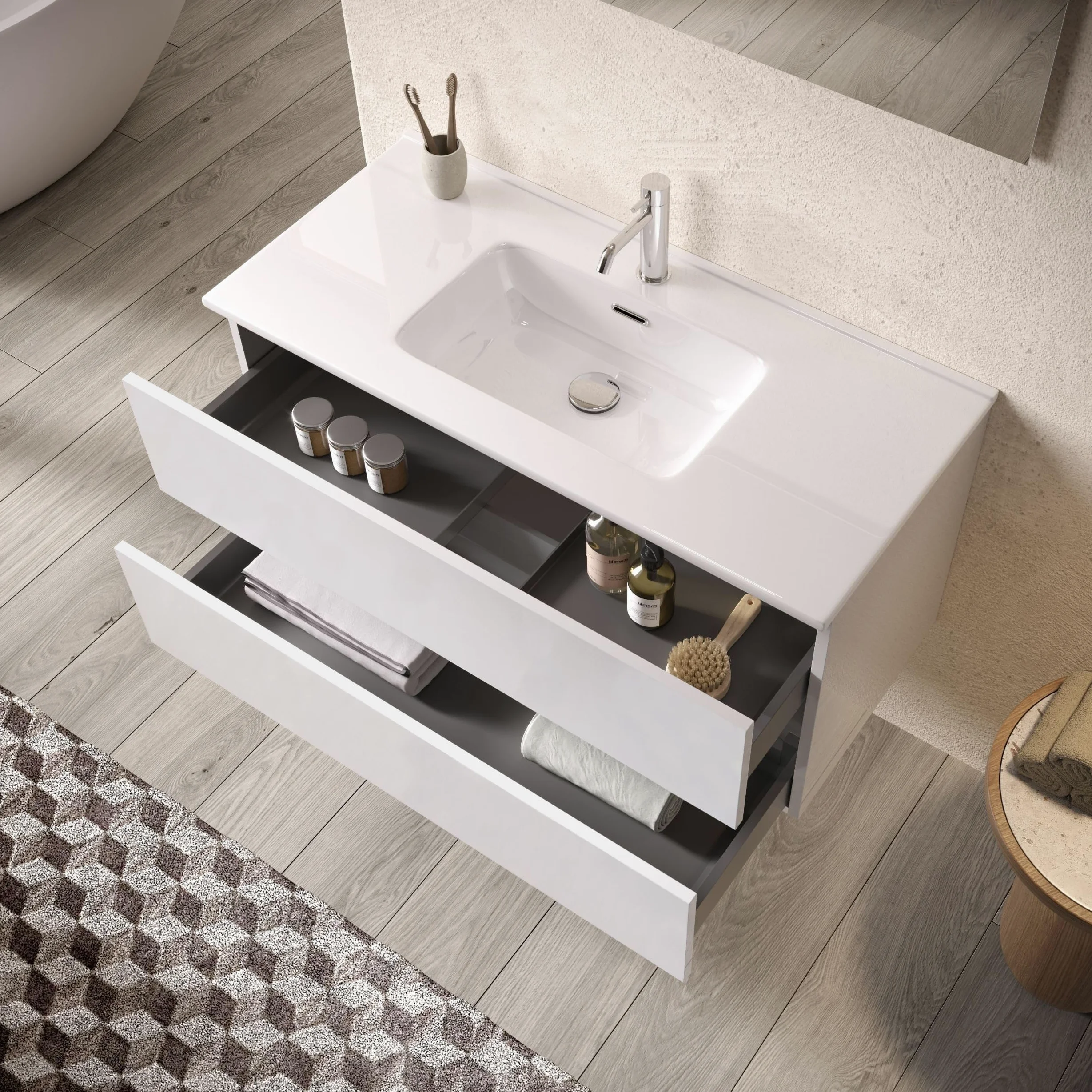 AQA DESIGN accessori casa composizione bagno, nr2 cassetti con scorrimento e chiusura soft close, maniglia a gola in melaminico, nr1 lampada led a - Bianco - 101x46,5x190 cm