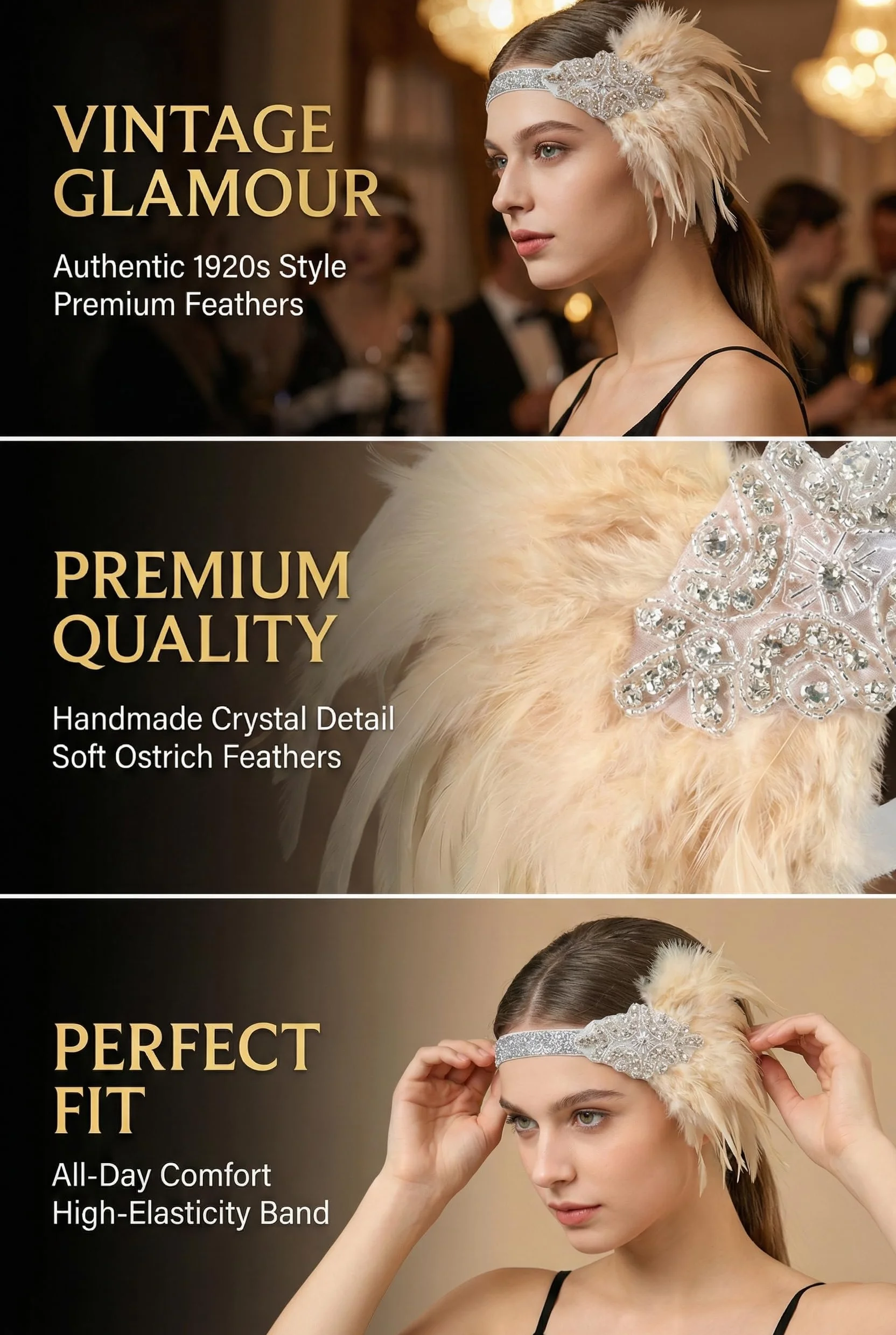 Fascia per Capelli Anni '20 Donna Accessori Gatsby con Piume Paillettes Costume Flapper 1920s