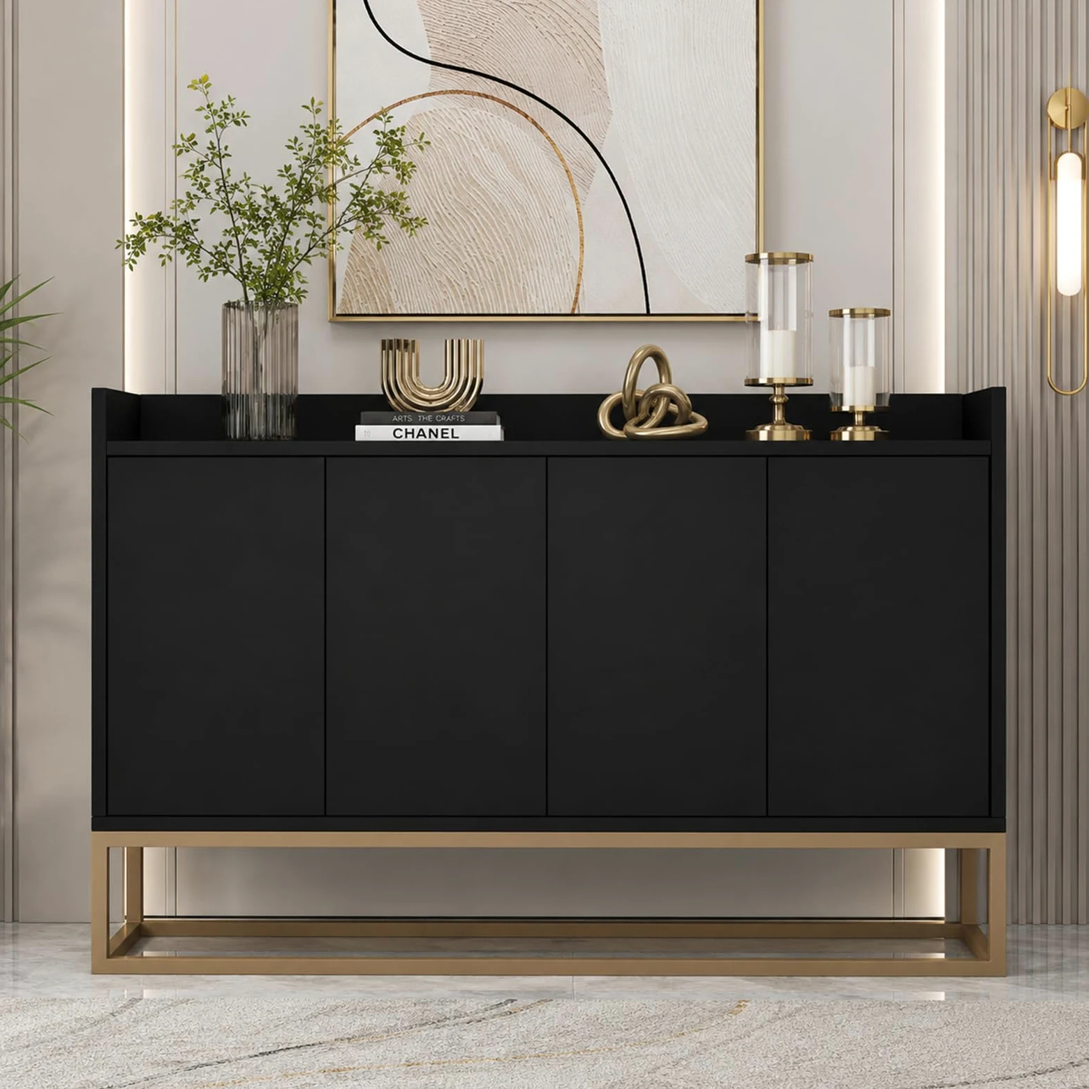Credenza 120 cm, madie moderne soggiorno con 4 ante, buffet mobile cucina con ripiano regolabile e gambe in metallo, per cucina, soggiorno, sala da pranzo, ingresso (nero, 120 x 30 x 80 cm)