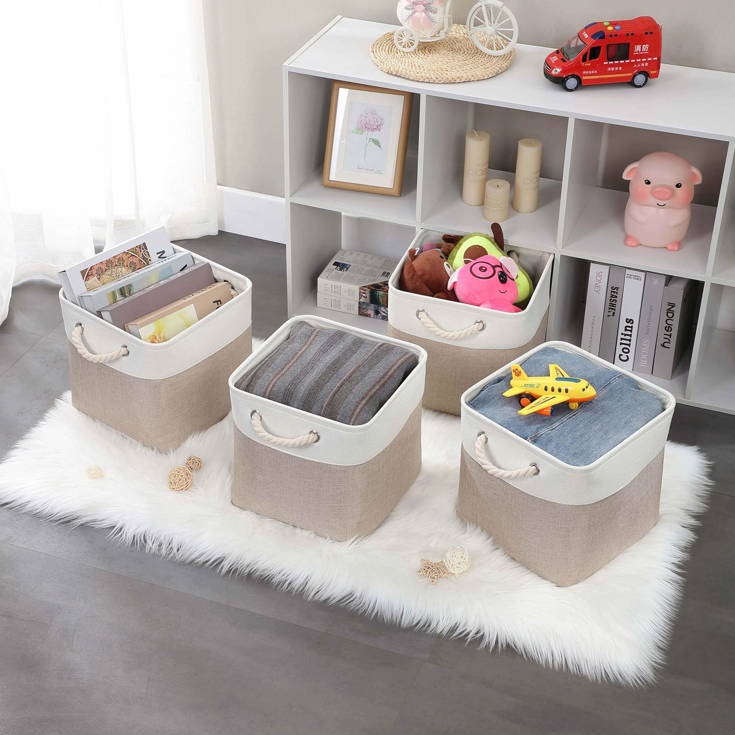 Mangata Set di 4 Scatole per Armadio Cesto Portaoggetti Tessuto 25 x 25 x 25 cm Pieghevole Bianco Kaki Chiaro