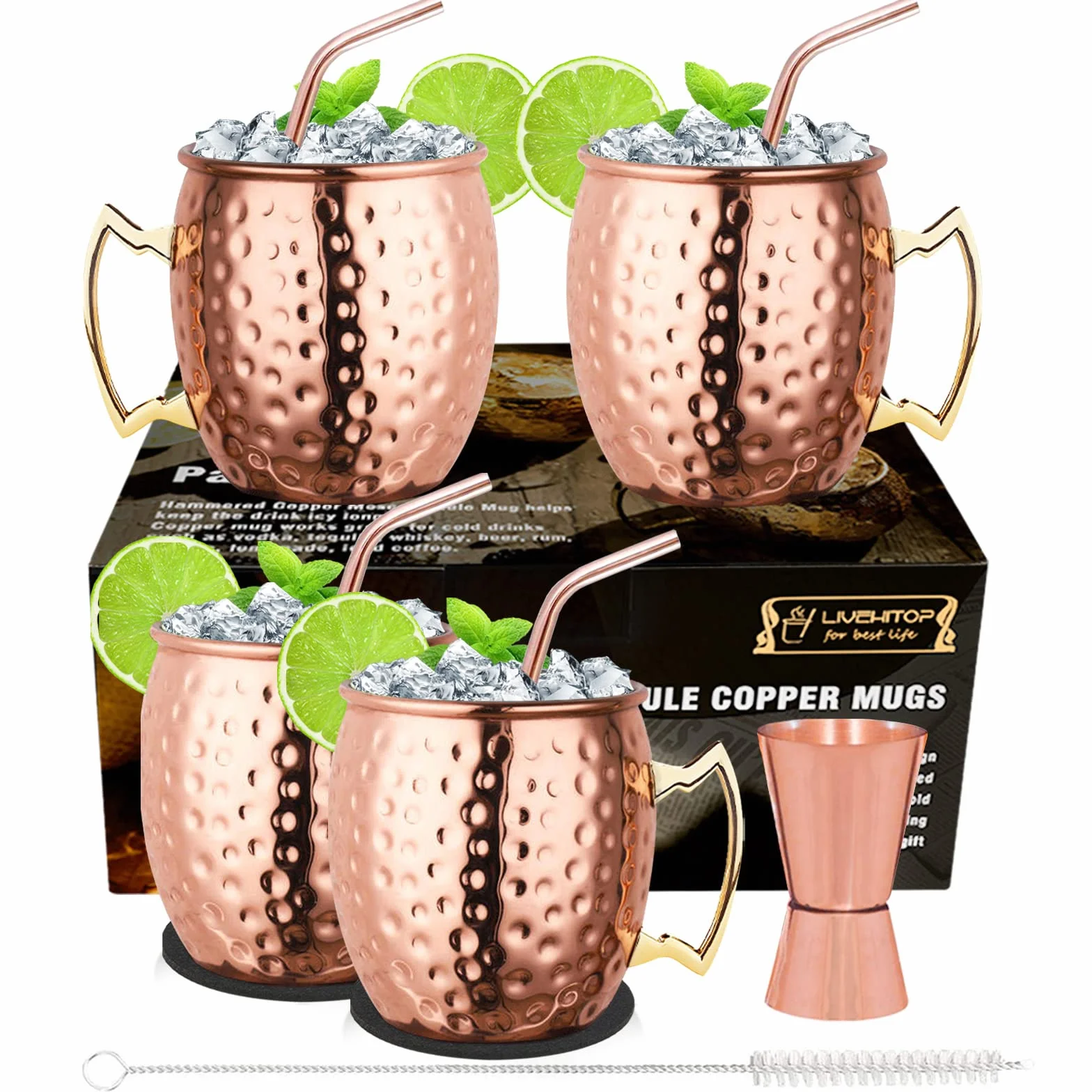 LIVEHITOP Bicchieri Moscow Mule Rame 4 Pezzi, 19,5 oz Tazza Rame con Set Regali per Barra e Festa