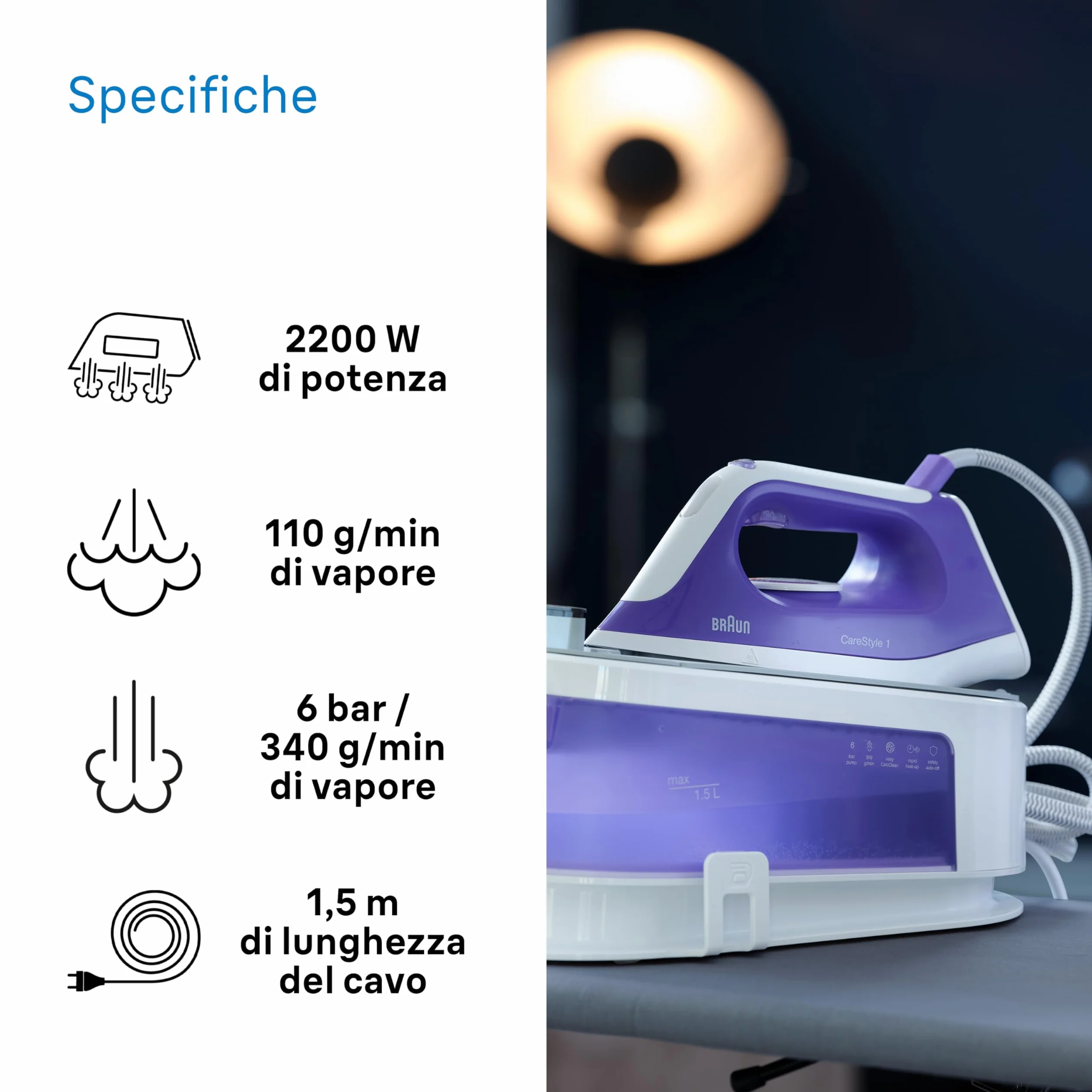 Braun Carestyle1 IS1014VI Ferro Generatore Di Vapore Con 5 Anni Di Assistenza, Carica Continua, Termostato Regolabile, Tanica 1,5L, AUTOSPEGNIMENTO, Colpo vapore 360g/min, Sistema Sicurezza, Viola
