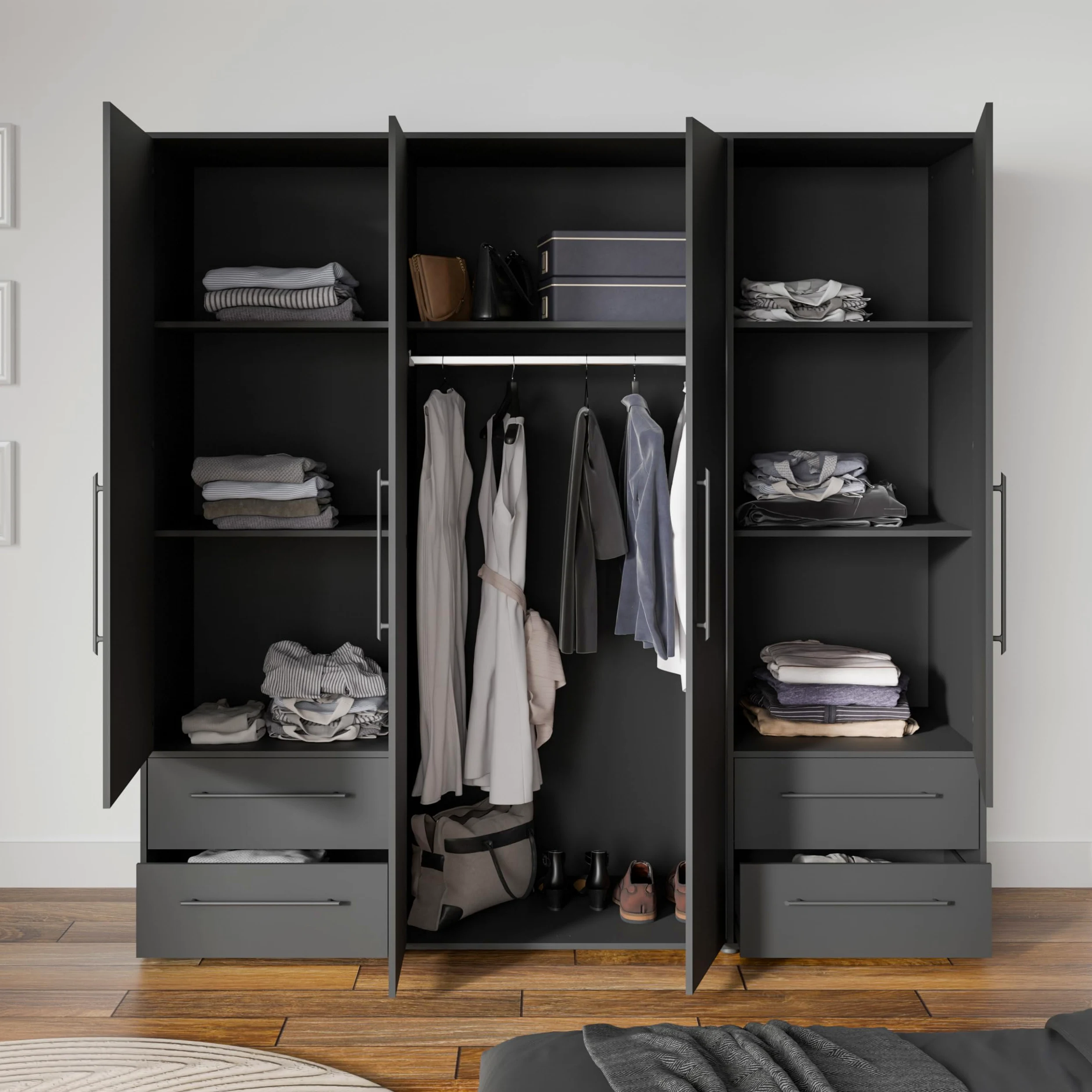 Forte Jupiter 200 210 - Armadio a 4 ante a 4 ante con 4 cassetti, in legno, colore nero opaco, larghezza 205,9 cm, altezza 200,1 cm, profondità 58,8 cm
