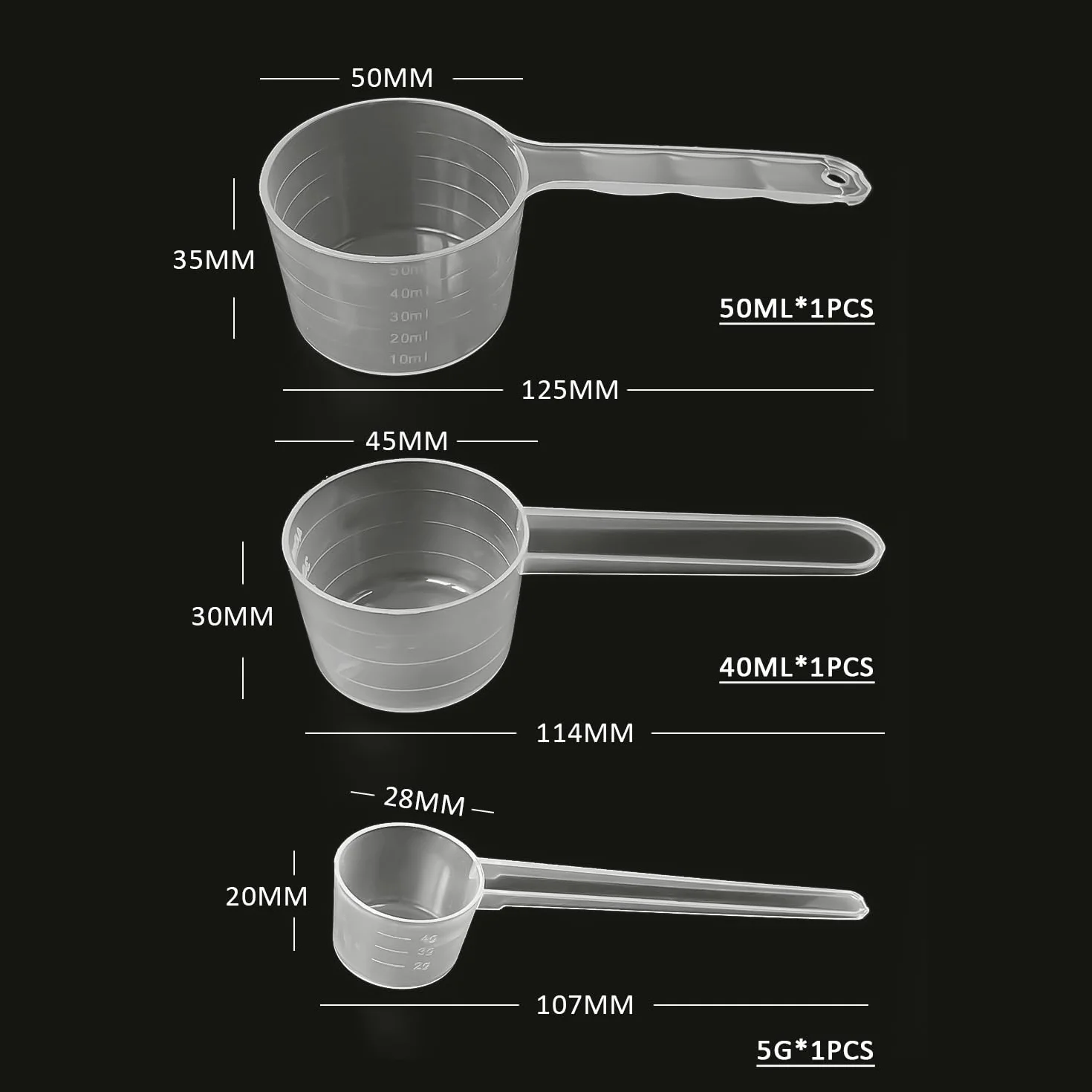 3 cucchiai dosatori, misurino da 50 ml, 40 ml, misurino da 5 g, misurino in plastica, misurino piccolo, cucchiaio da scala trasparente, strumento quantitativo per la cucina