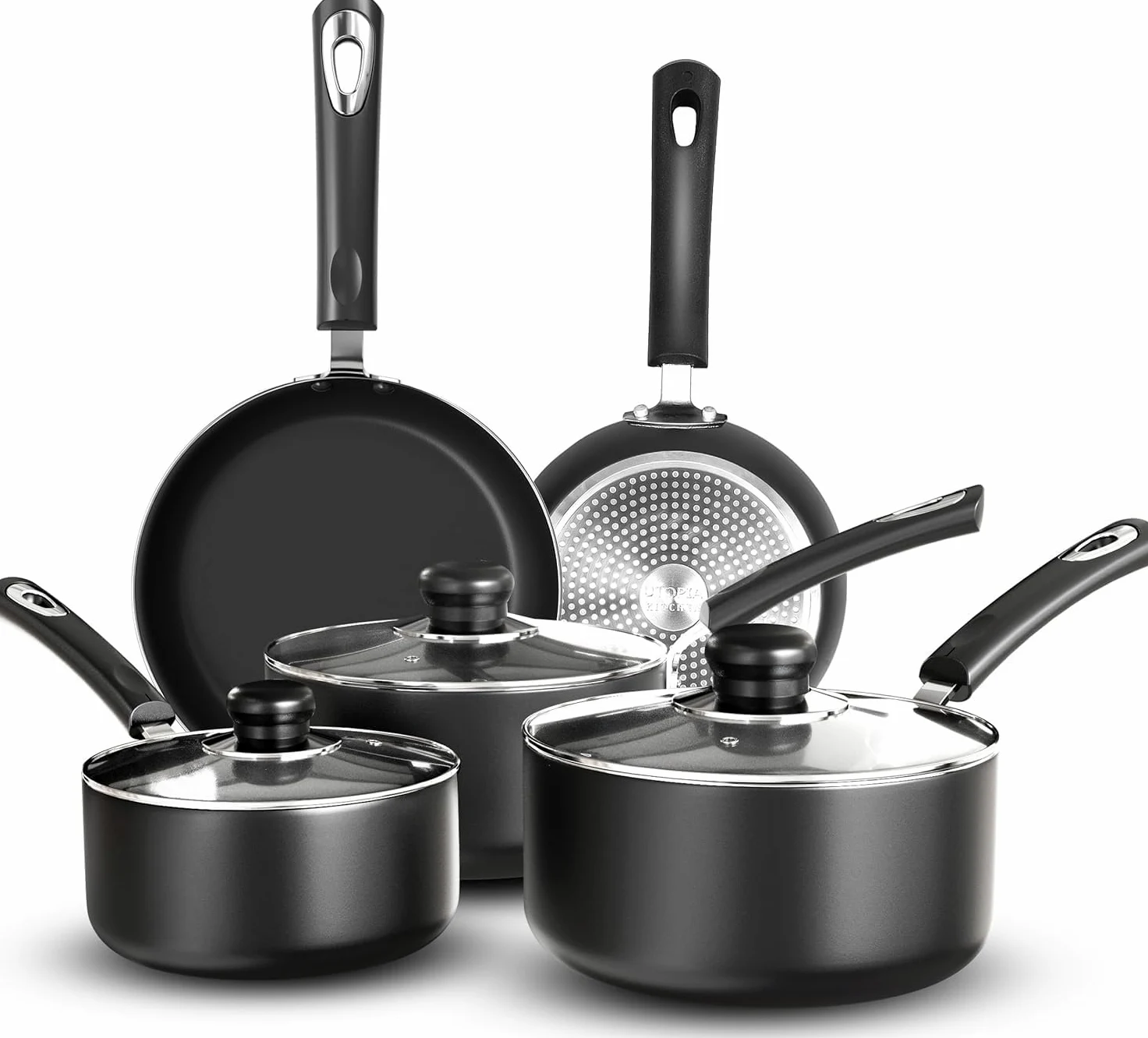 KICHLY Set di 5 pentole e padelle antiaderenti adatte per piano cottura a induzione con padelle da 20 cm, 28 cm e pentole con coperchio da 20 cm, 18 cm, colore: nero