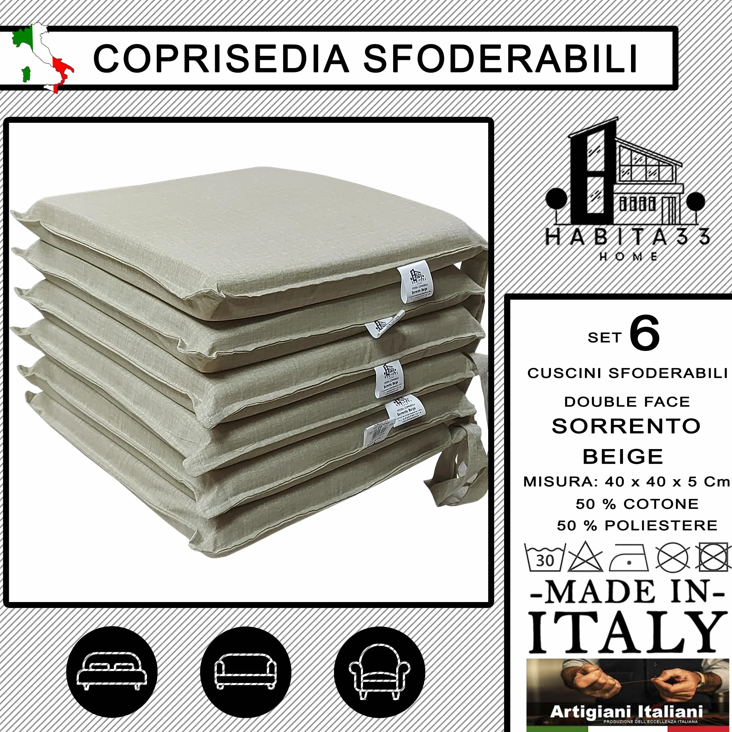 Cuscini Sedie Cucina Set da 6, 40x40 cm, Copri Sedia Sfoderabili double face in Tessuto Loneta Made in Italy (Sorrento Beige)