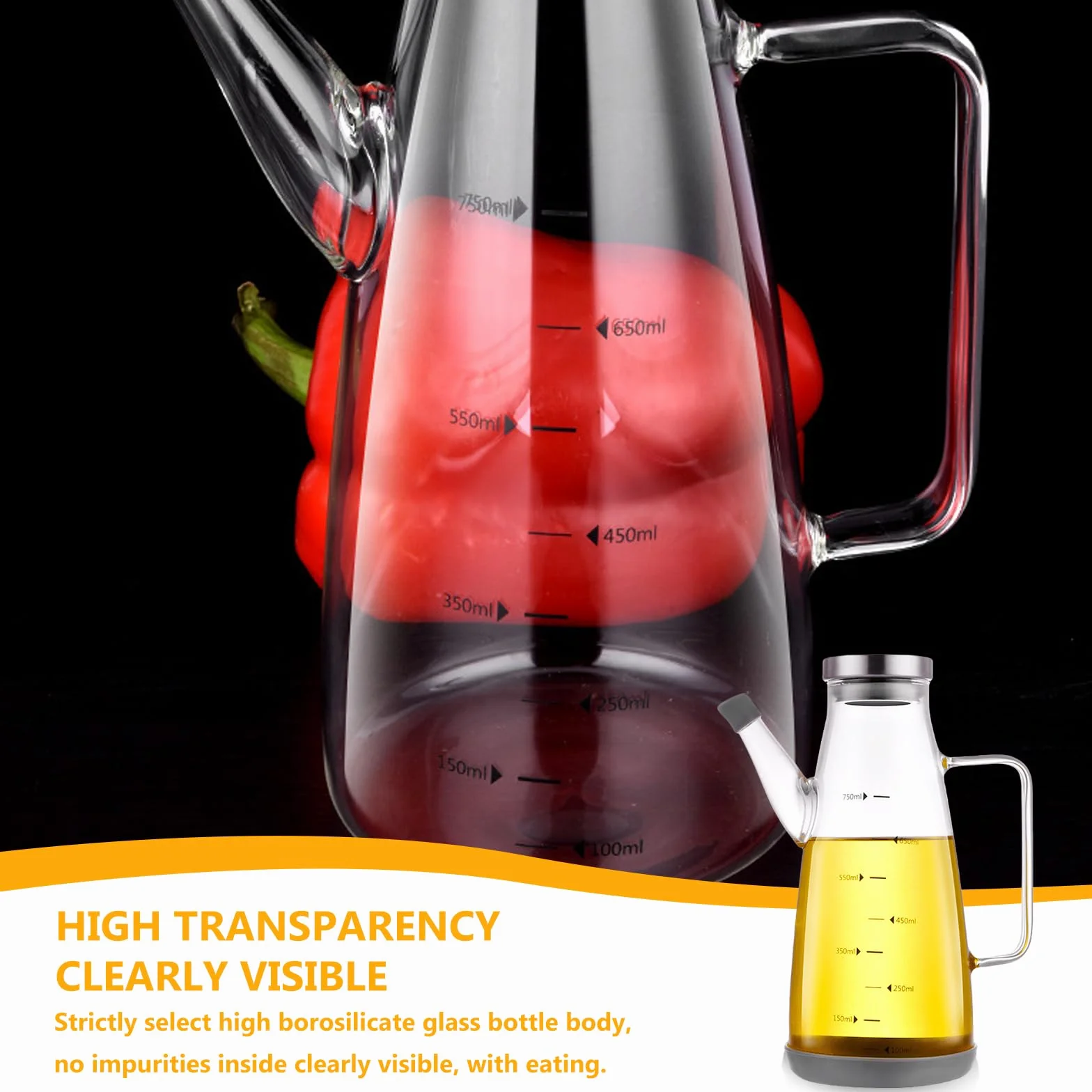 Bottiglia di olio d'oliva da 750 ml, bottiglia di olio di oliva in vetro con manico antiscivolo, distributore di olio con base in silicone antiscivolo, bottiglia di olio d'oliva antigoccia