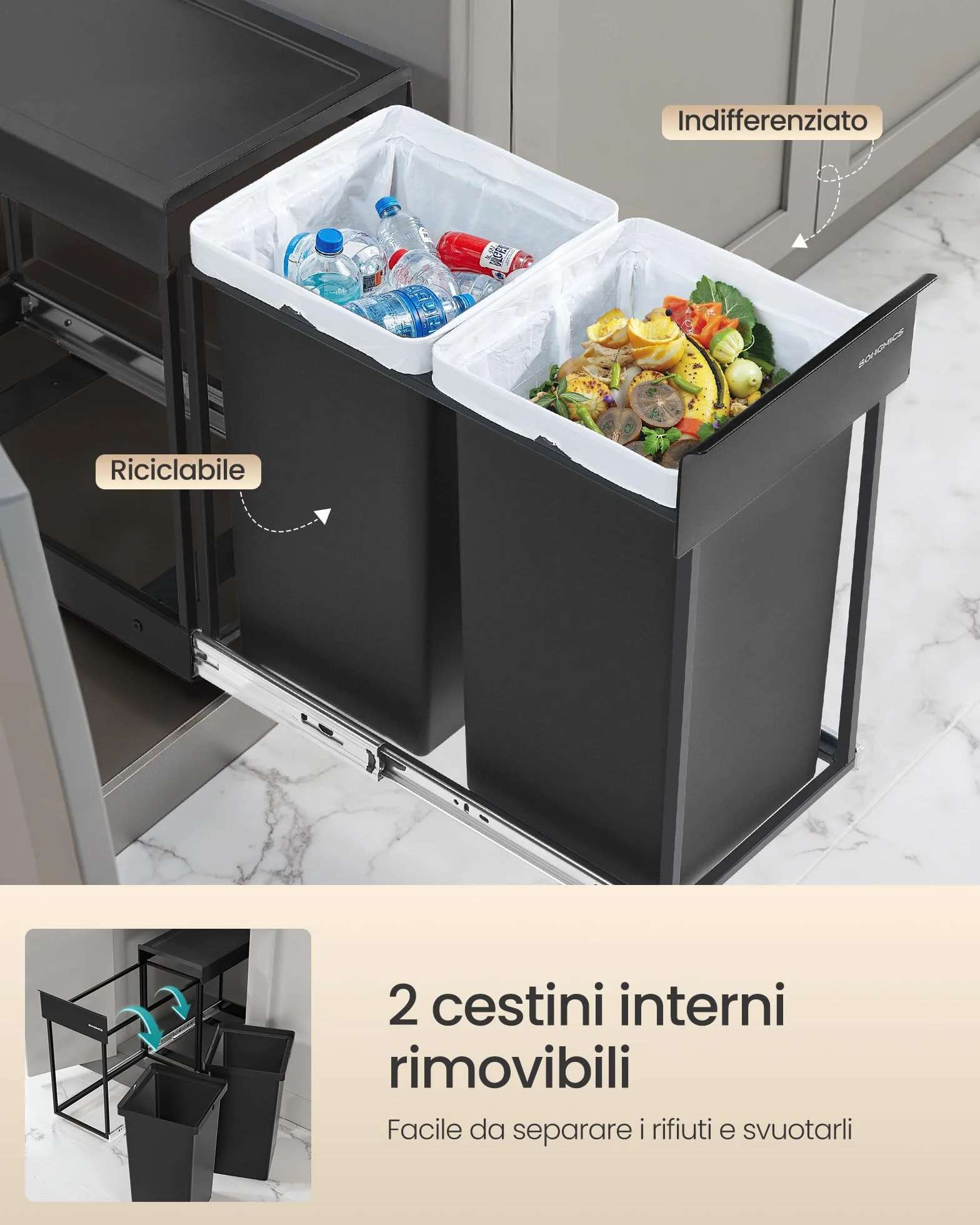 SONGMICS Pattumiera da Cucina per Raccolta Differenziata, Cestino da Incasso per Mobile, 2 x 15 L Doppio Scomparto, Estraibile, Struttura in Acciaio, Coperchio in ABS, Nero Inchiostro LTB950B01