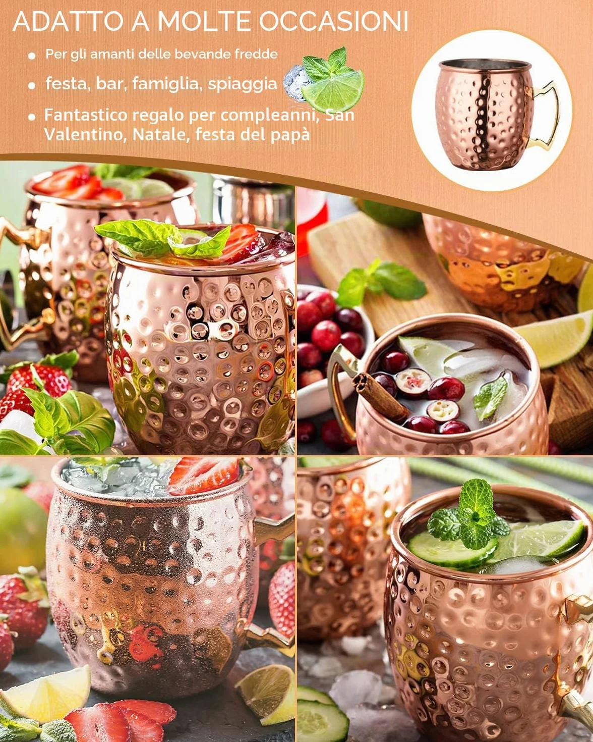 LIVEHITOP Bicchieri Moscow Mule Rame 4 Pezzi, 19,5 oz Tazza Rame con Set Regali per Barra e Festa