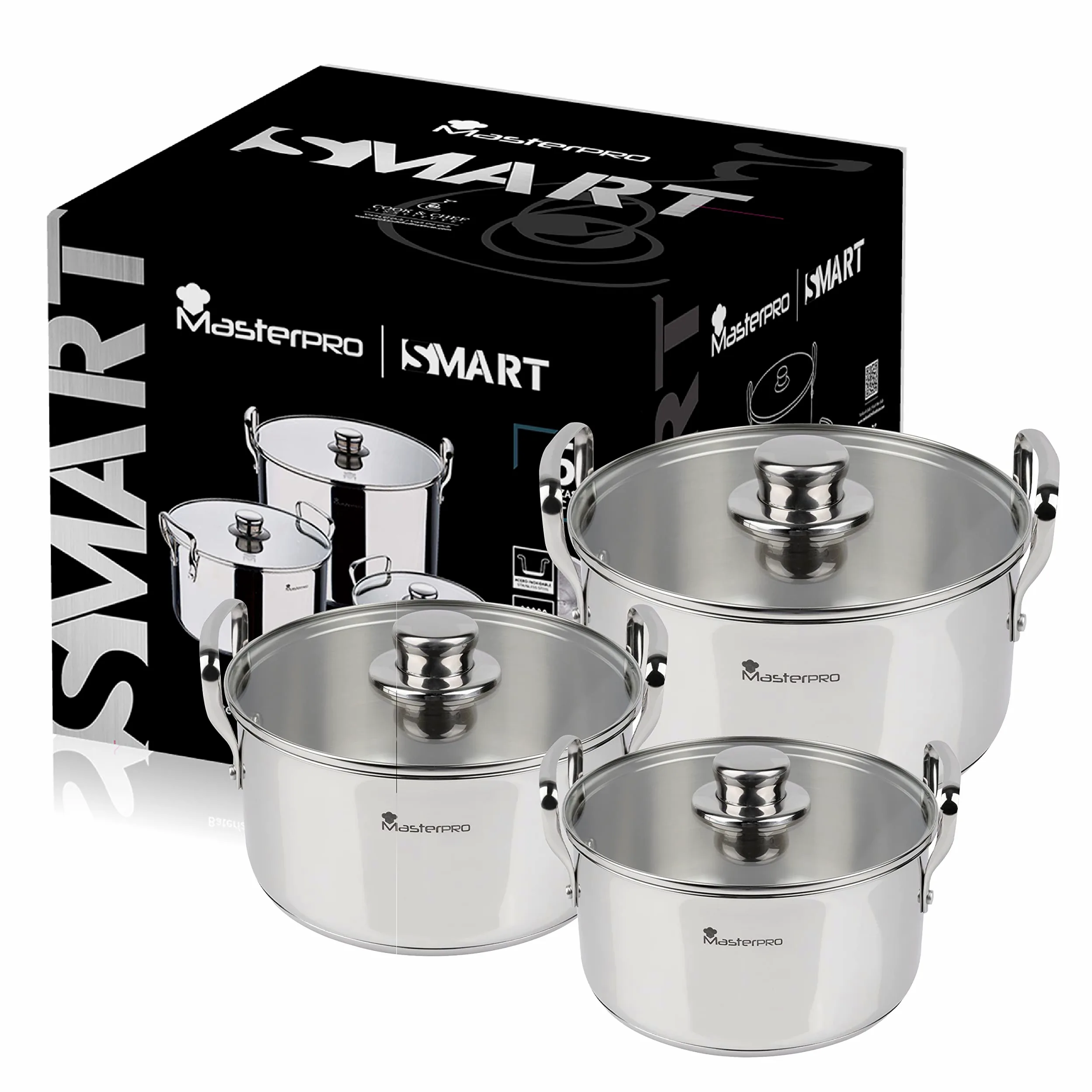 Smart MasterPRO - Batteria da cucina - Set da 6 a 6 a 20, 24 e 28 cm di vetro - prodotto in acciaio inossidabile - padelle da cucina - compatibile con tutti i tipi di cucine