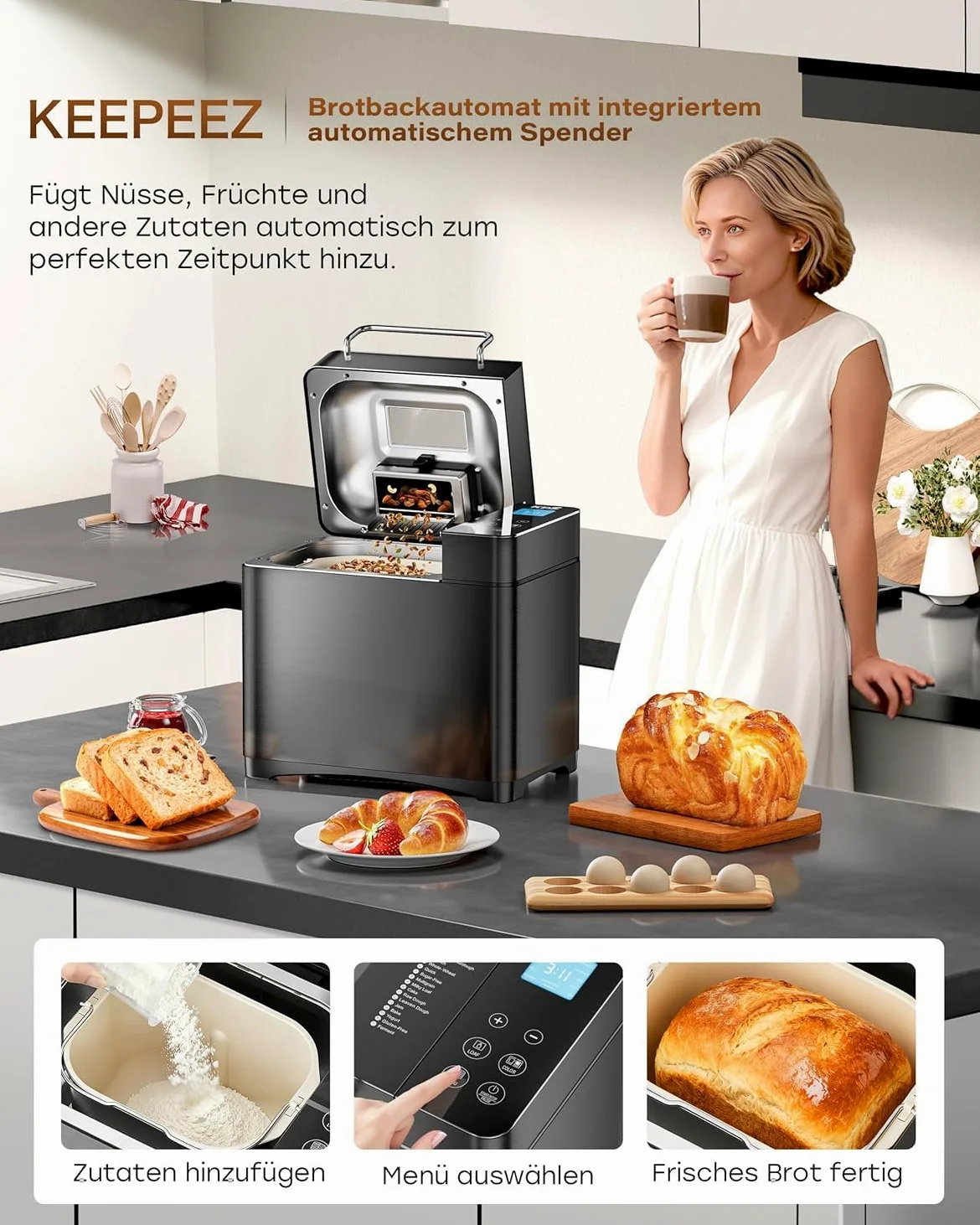 Macchina per il pane 17 in 1 – Due elementi riscaldanti, 710 W, in acciaio inox, senza glutine, impasto, marmellate, programmi di yogurt, dispenser per noci, stampo in ceramica e touch screen