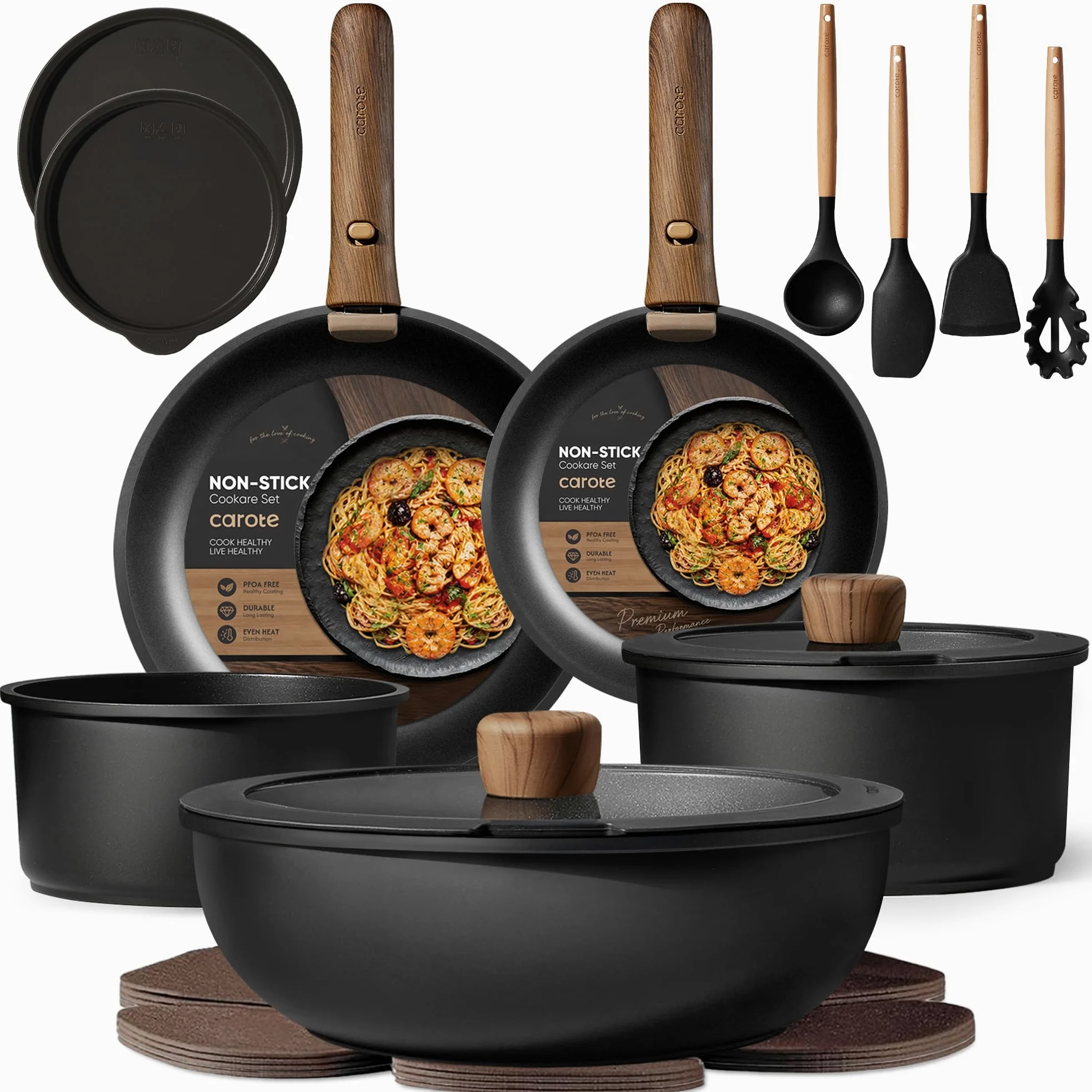 CAROTE Set di pentole e padelle antiaderenti, con manico staccabile, 19 pezzi | Compatibile con induzione, lavabile in lavastoviglie e forno, salvaspazio, per campeggio, camper, viaggi, set da cucina, nero