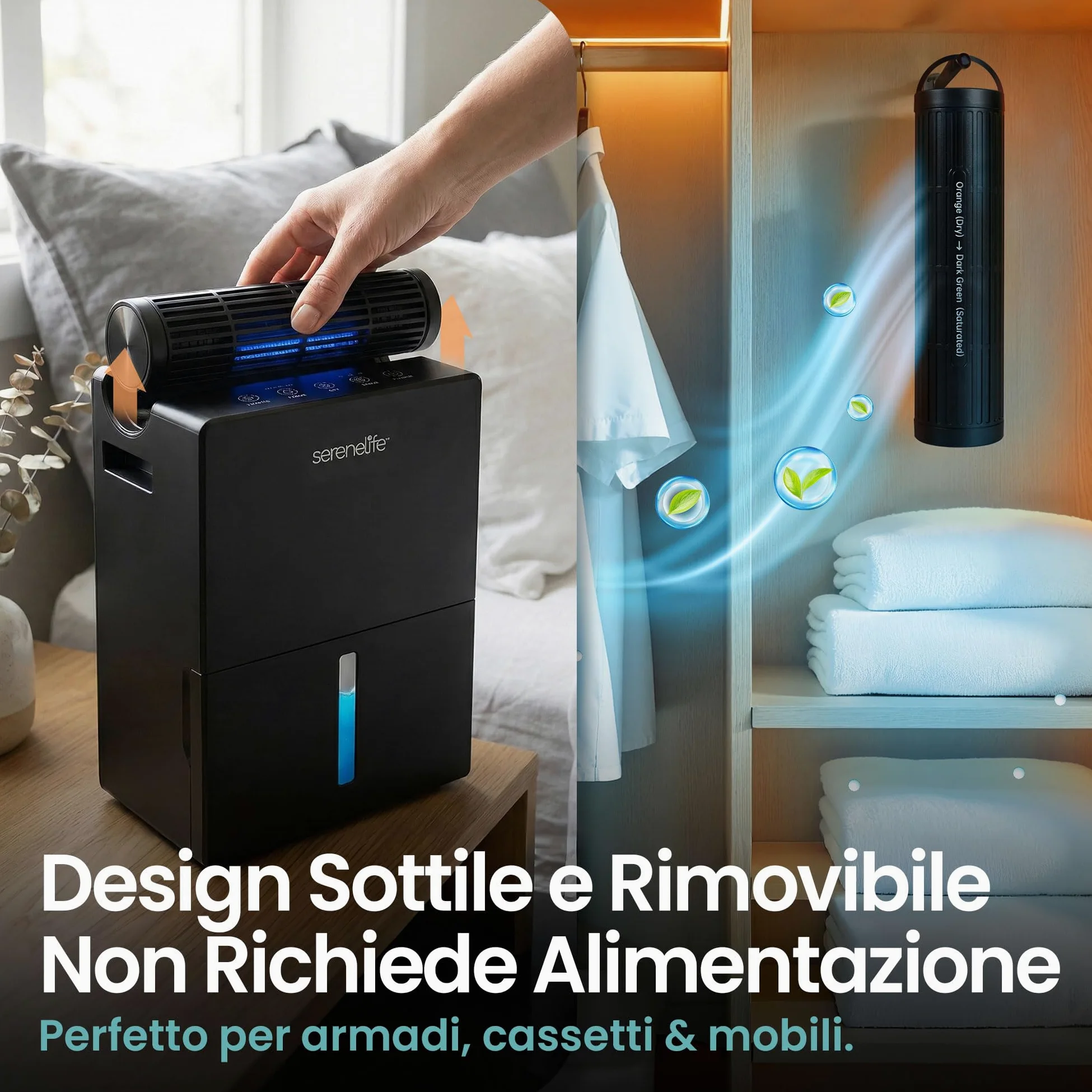 SereneLife Deumidificatore 2-in-1 Silenzioso, 2,5 L Serbatoio, Controllo Umidità Intelligente per Deumidificatore Casa, Camera, Bagno, Cantina e Armadio