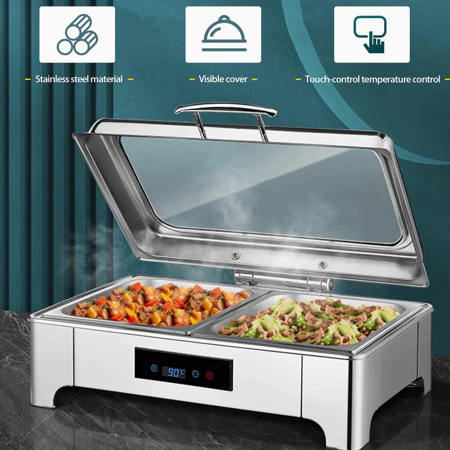 Chafing Dish Elettrico, 9L Scaldavivande Elettrico per Buffet con Controllo Touch Screen e Coperchio in Vetro, Contenitore Scalda Cibo Professionale per Buffet, Feste e Banchetti (GN1/3)