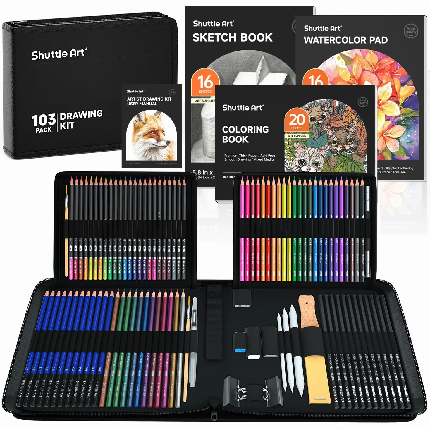 Shuttle Art Kit Matite da Disegno Professionale,Pacchetto 103 Set Matite da disegno Set Disegno Schizzo con Matite Colorate e da Schizzo Grafite in Astuccio Portatile, Bambini, Adulti Artisti