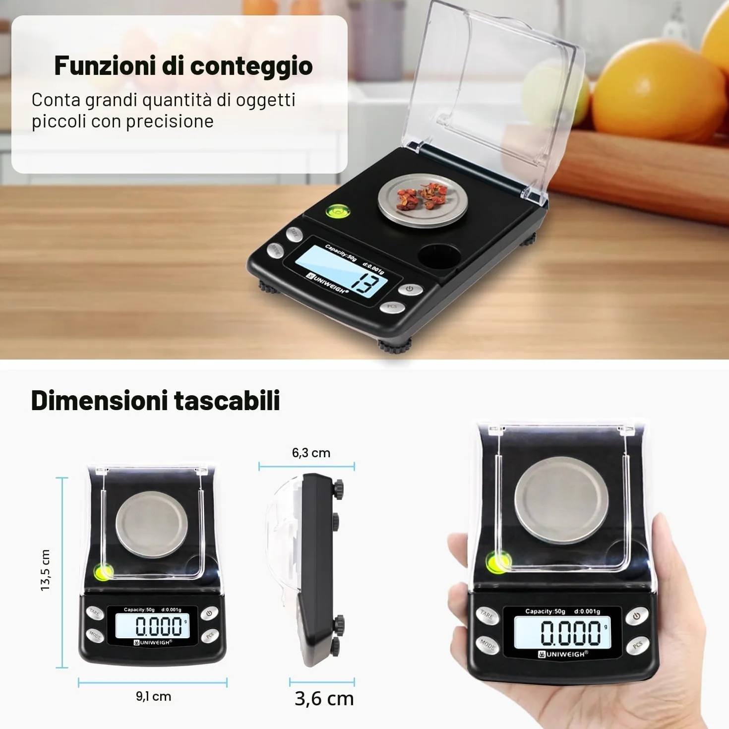 UNIWEIGH Bilancia digitale Milligrammi accurata 0.001g/50g, Bilancia mg di precisione per polvere/oro/gemma,Bilancia Micro Gram con 6 unità,tara,peso Cal,scala tascabile con USB & batteria alimentata