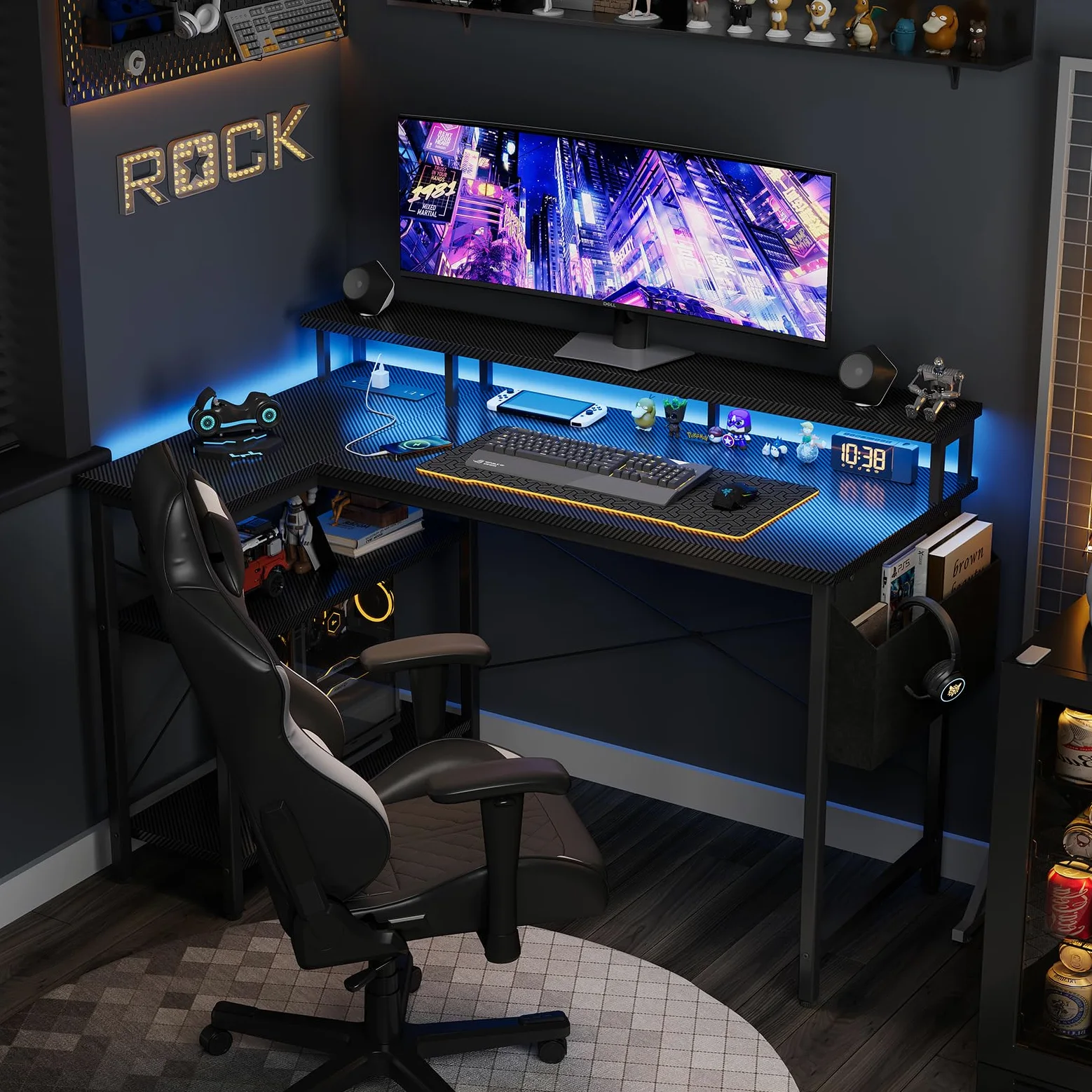 Grandder Scrivania ad Angolo Reversibile 120x70cm, Tavolino Computer a Forma L Ripiani Portaoggetti e Struttura in Acciaio, per Gaming, Computer, Ufficio, Studio e Casa, Nero