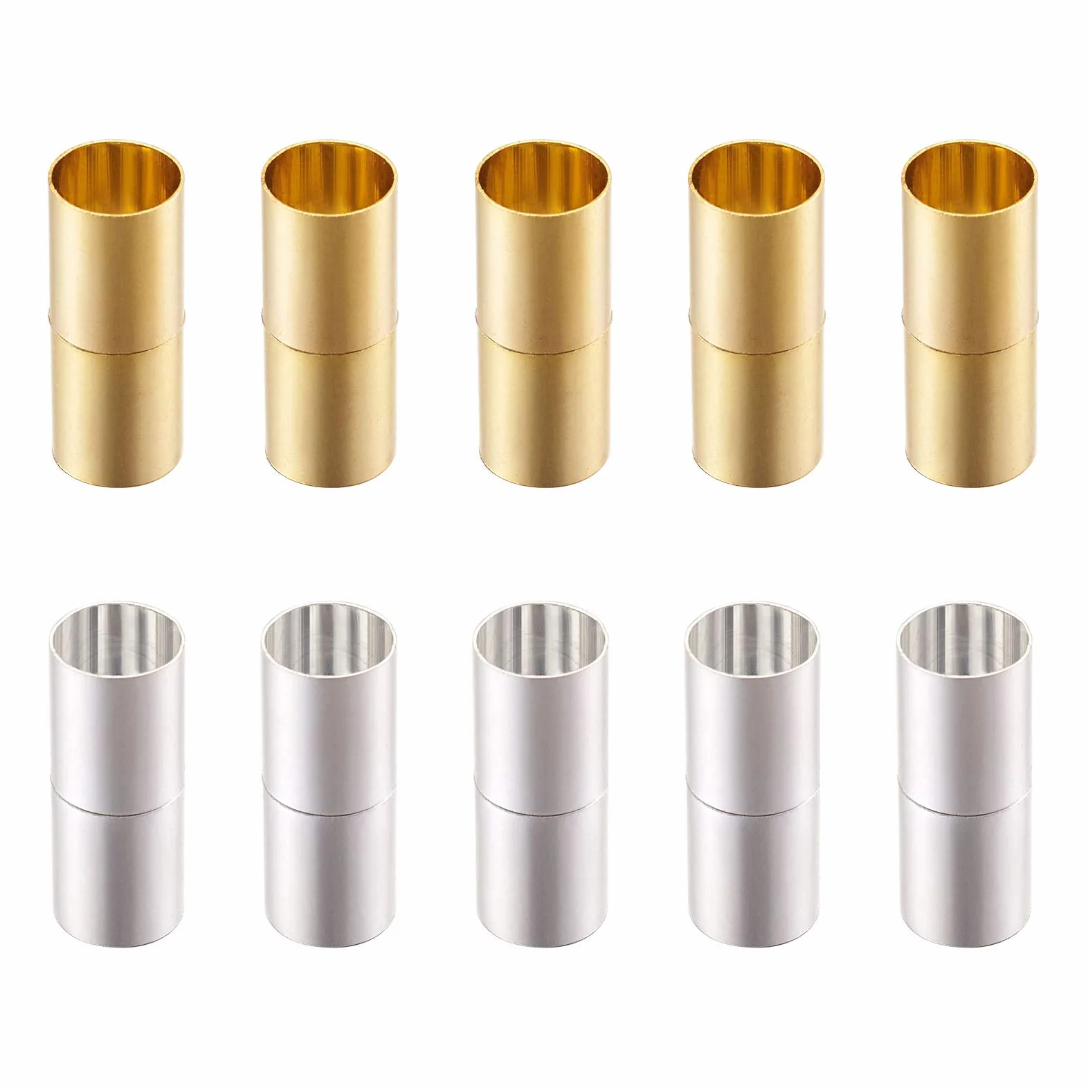 PandaHall - Chiusure magnetiche per gioielli in ottone, per la creazione di gioielli, collane e braccialetti, colore oro e argento, di forma tubolare, set da 10
