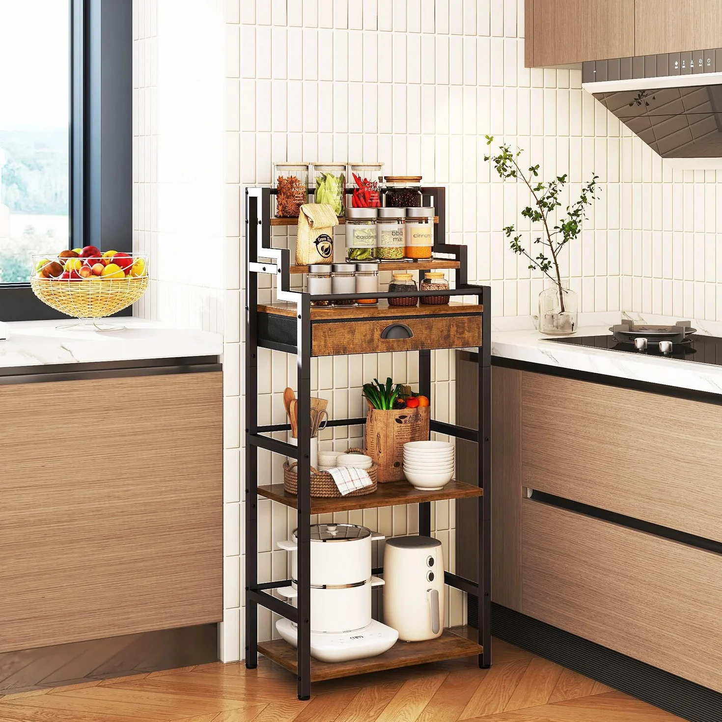 IBUYKE Portabottiglie Vino Gradini da Terra,Mobile Vino con Cassetto per Whisky,Espositore per Bottiglie di Liquori per Bar, Soggiorno, Sala da Pranzo,Marrone TMJ915H