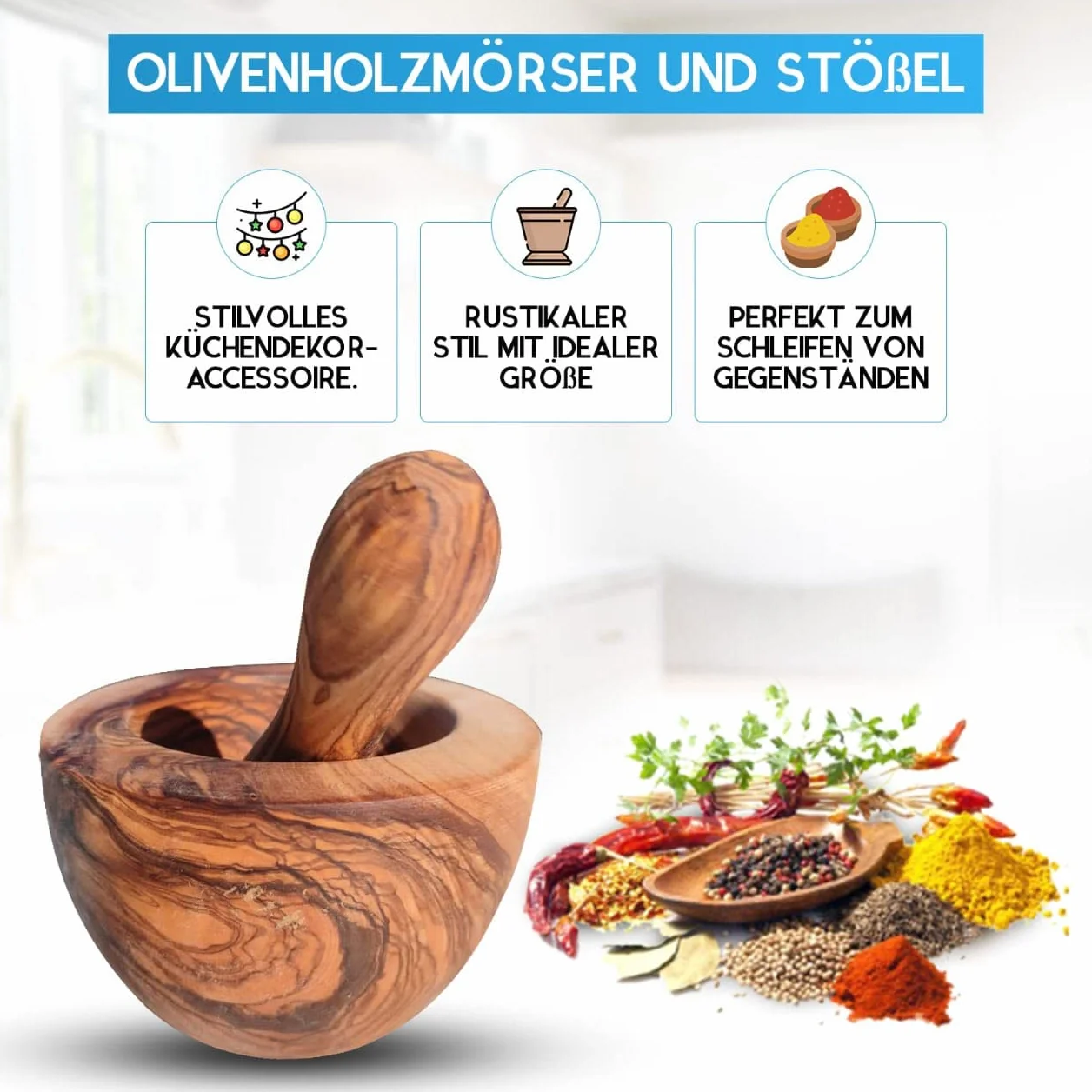 Mortaio con pestello in legno di ulivo, mortaio di erbe aromatiche, realizzato a mano con bordo naturale, mortaio da cucina – mortaio sostenibile per erbe aromatiche e spezie, diametro circa (Ø 12 cm)